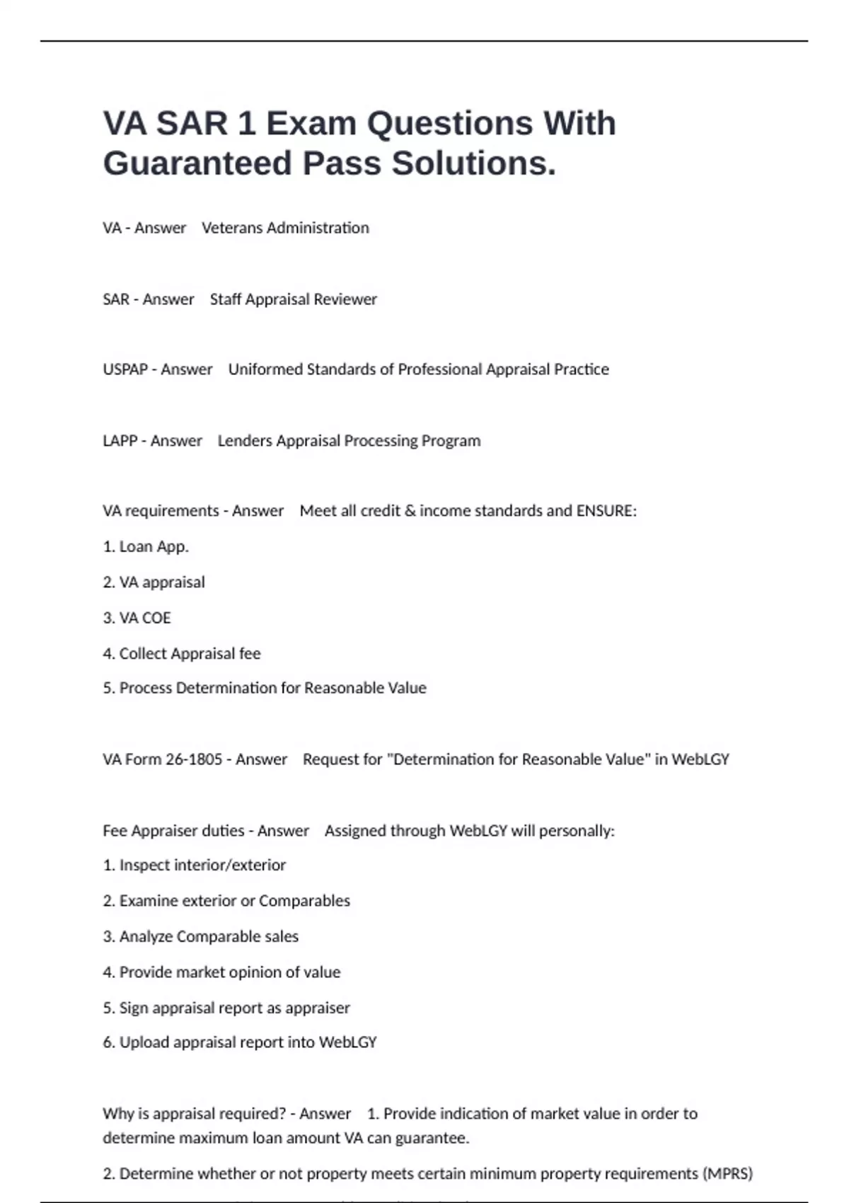 VA SAR 1 Exam Questions With Guaranteed Pass Solutions. - SAR - Stuvia US