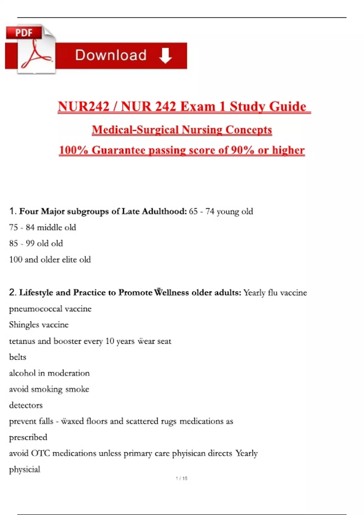NUR242 / NUR 242 Exam 1 Study Guide Medical-Surgical Nursing Concepts ...