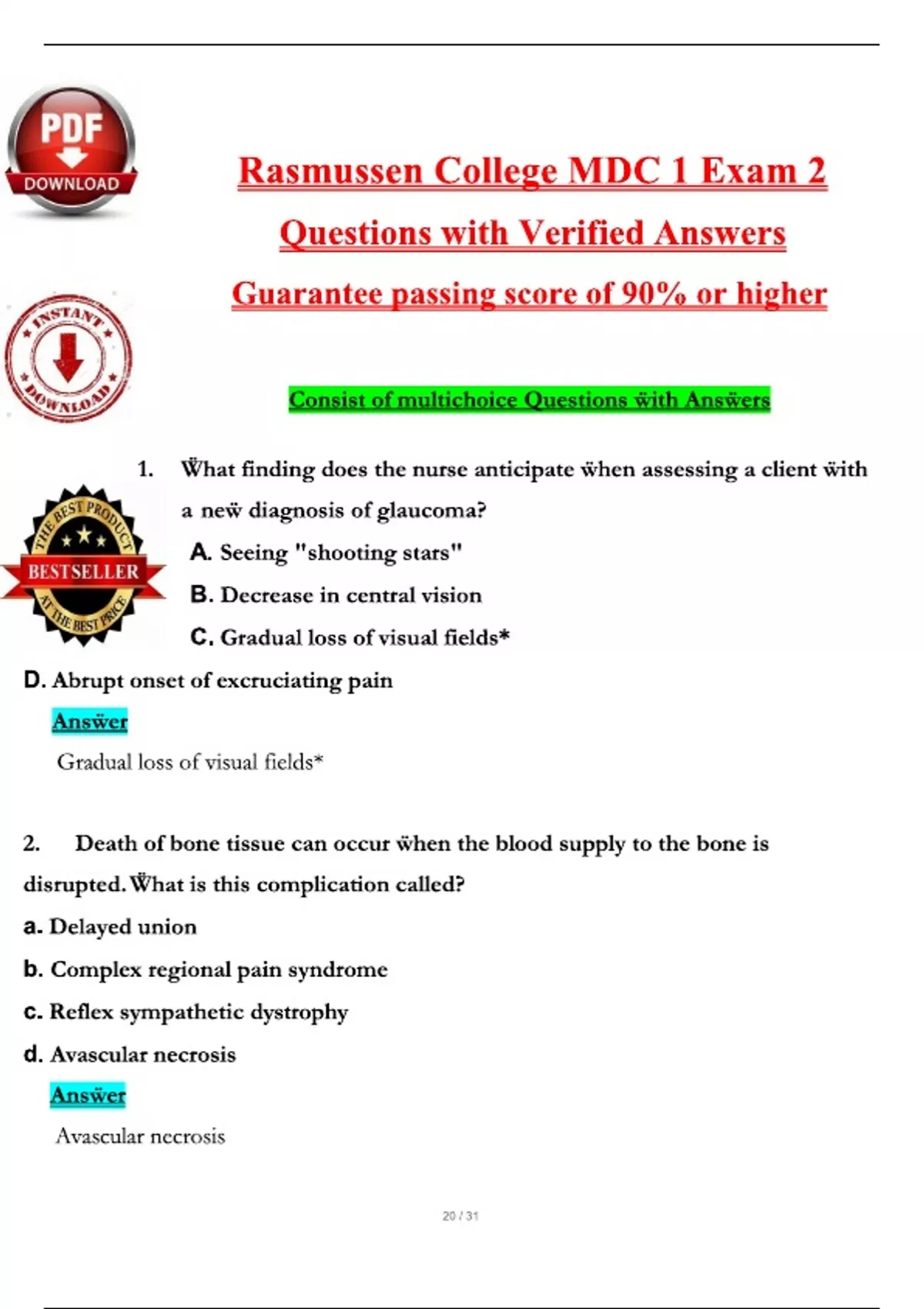 Rasmussen College MDC 1 Exam 2 (2025 / 2026) Questions with Verified ...