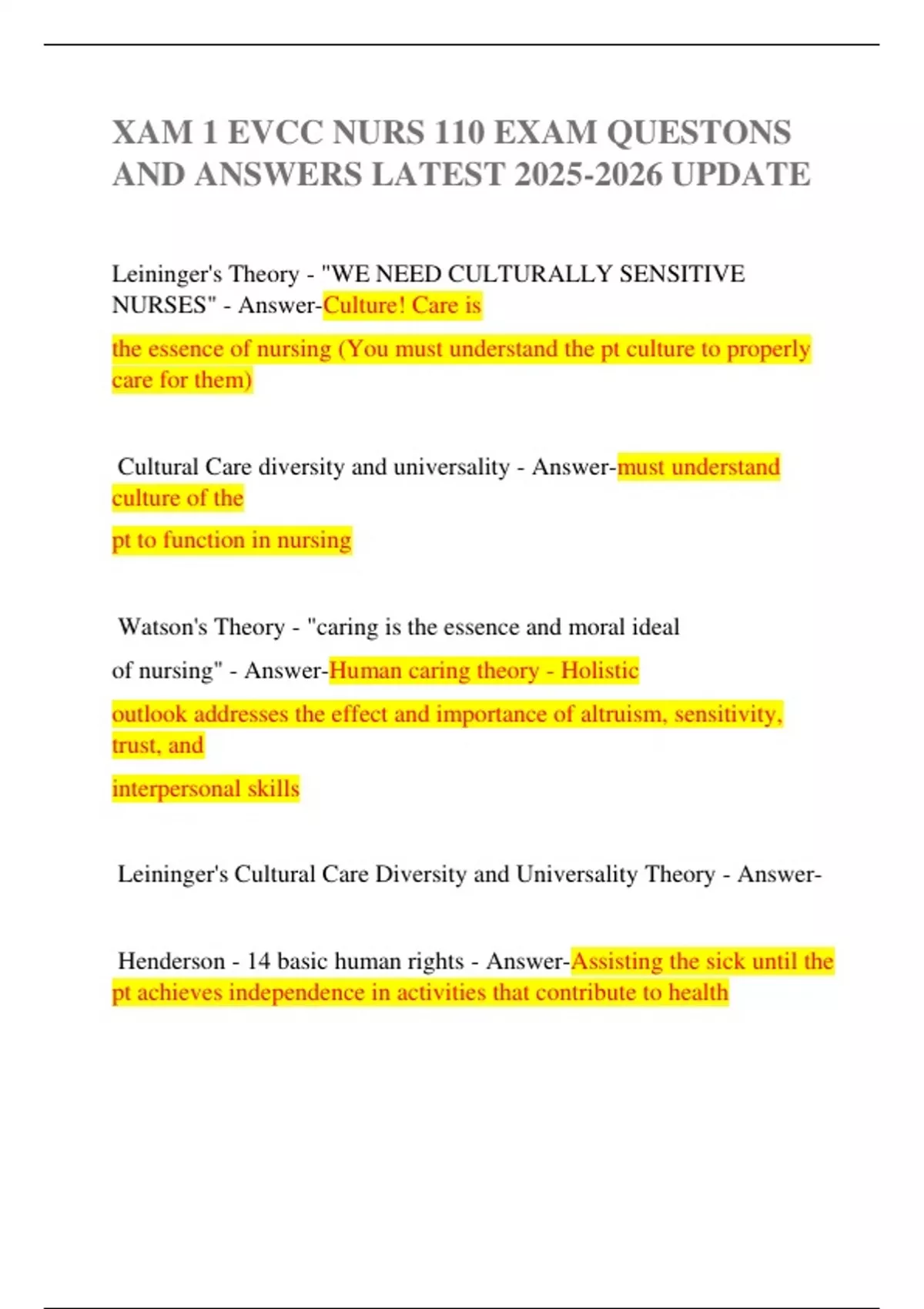 XAM 1 EVCC NURS 110 EXAM QUESTONS AND ANSWERS LATEST UPDATE - XAM 1 ...