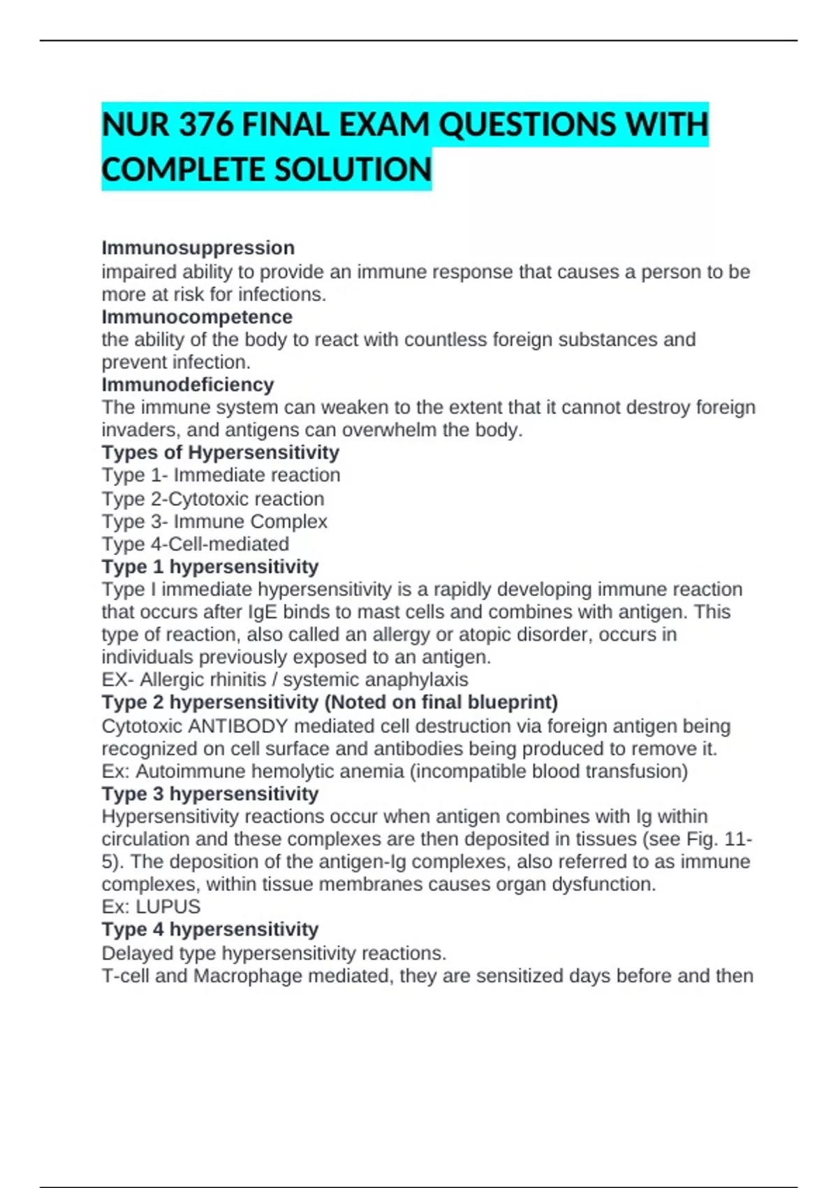 NUR 376 FINAL EXAM QUESTIONS WITH COMPLETE SOLUTION - NURS 376 - Stuvia UK