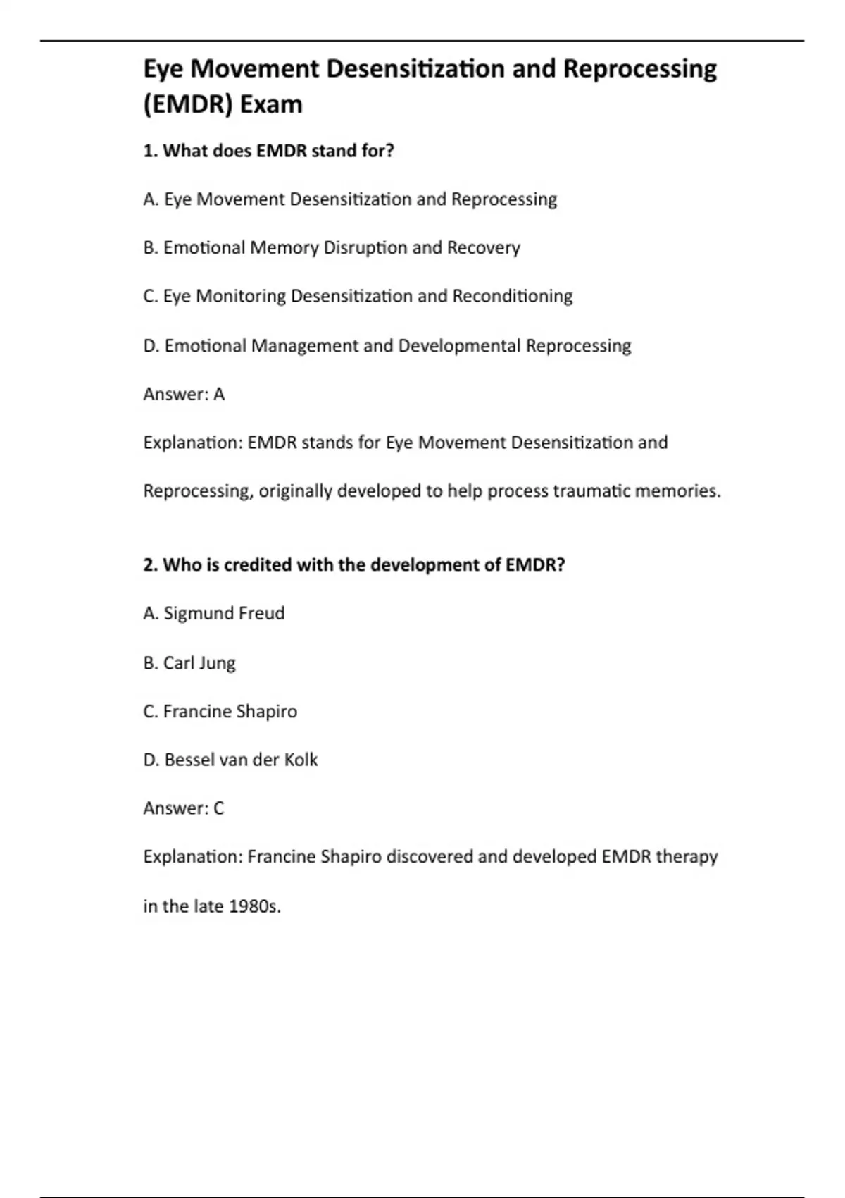 Eye Movement Desensitization and Reprocessing (EMDR) Exam - Computer ...