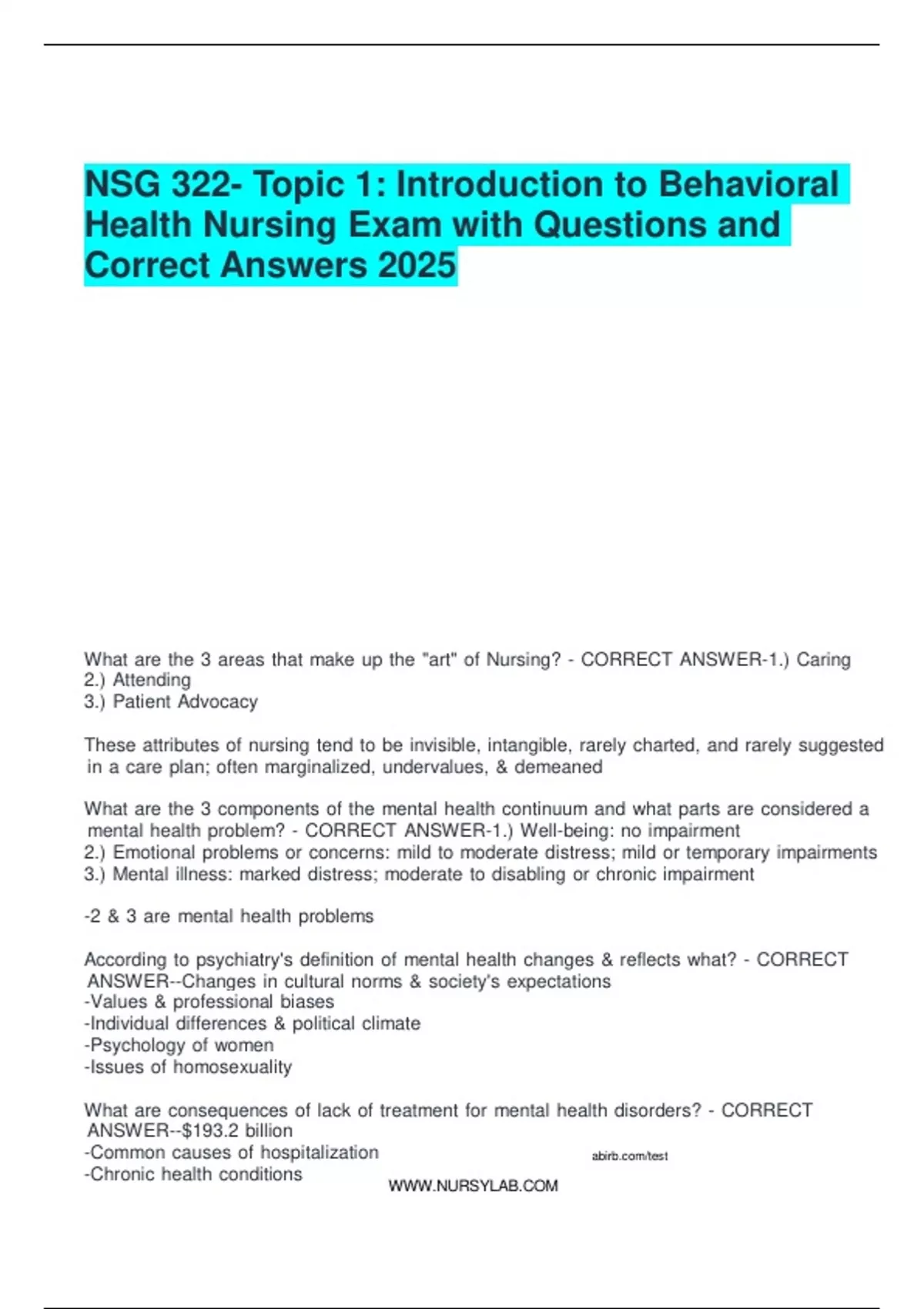 NSG 322 Introduction to Behavioral Health Nursing Exam with Questions ...
