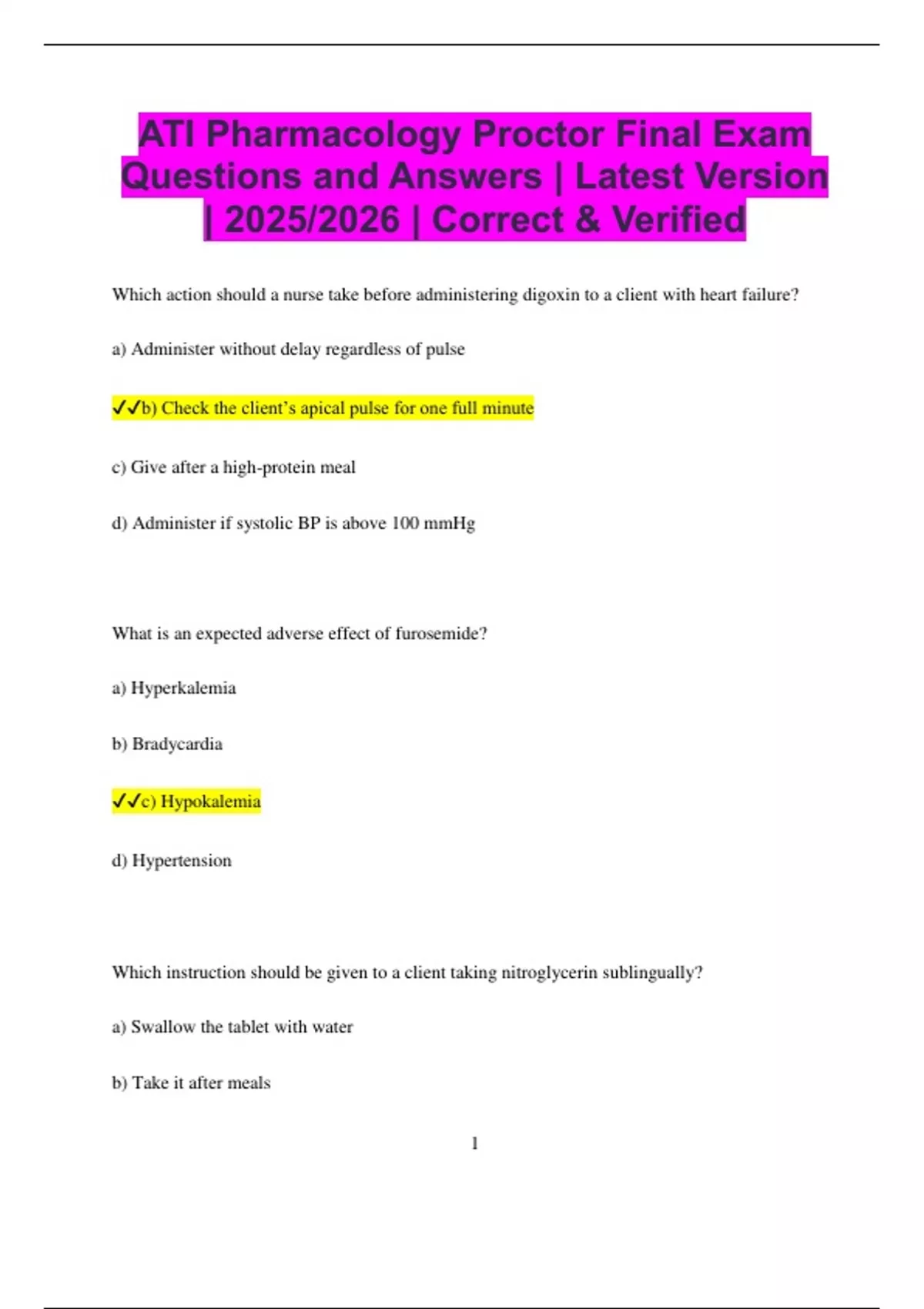 ATI Pharmacology Proctor Final Exam Questions and Answers | Latest ...