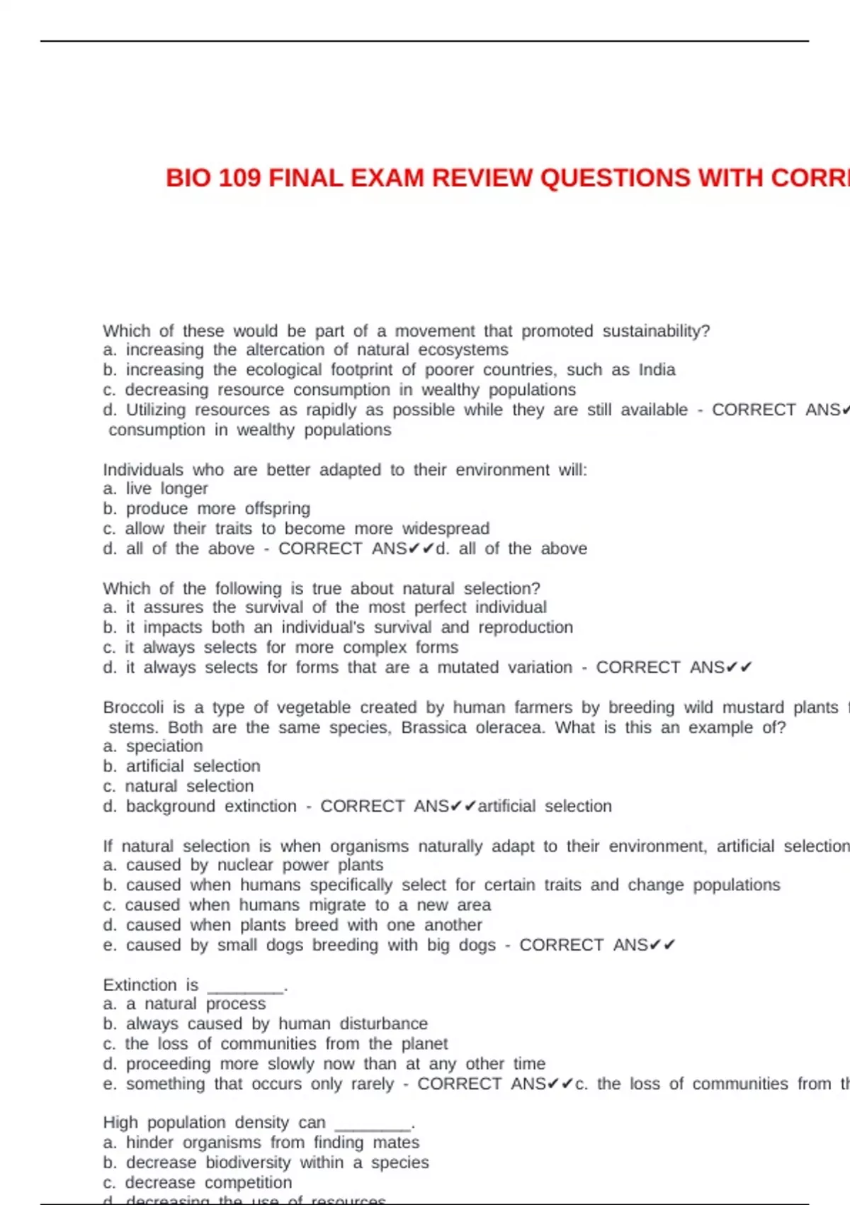 BIO 109 FINAL EXAM REVIEW QUESTIONS WITH CORRECT ANSWERS - Bio 109 ...