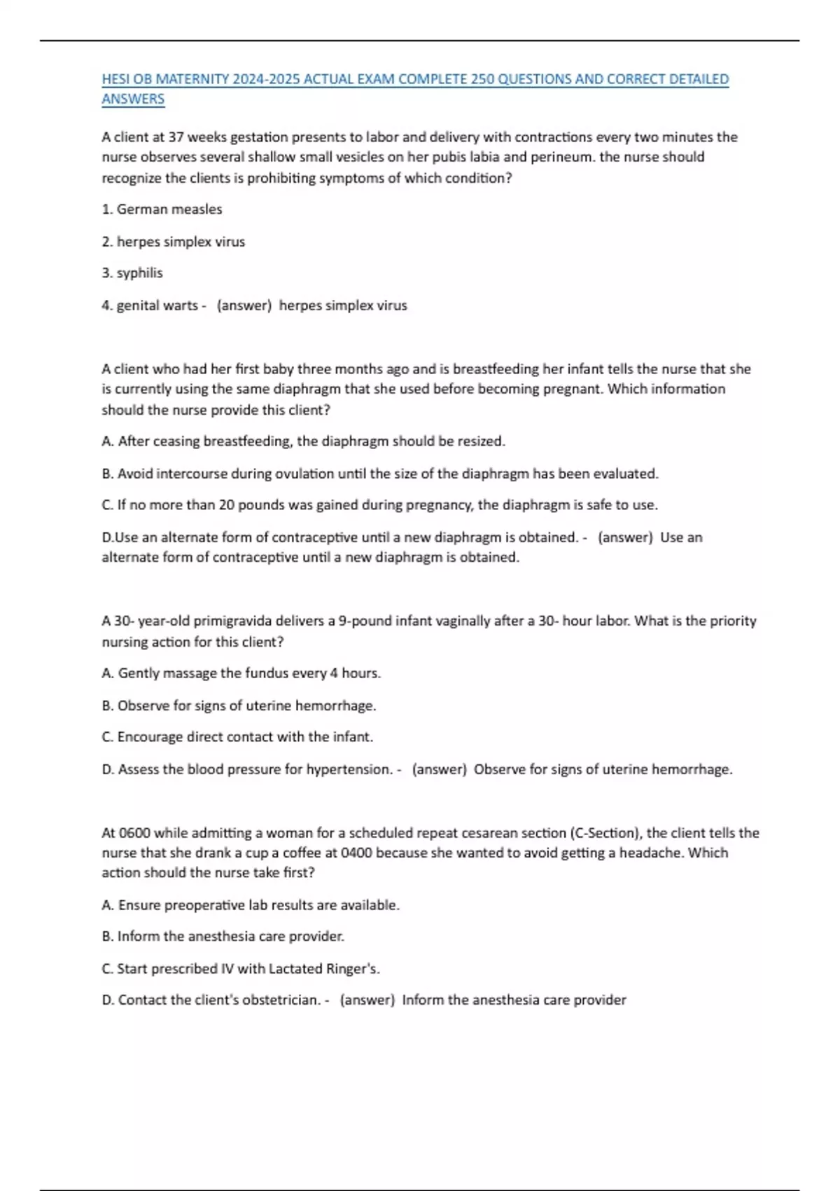 HESI OB MATERNITY ACTUAL EXAM COMPLETE 250 QUESTIONS AND CORRECT ...