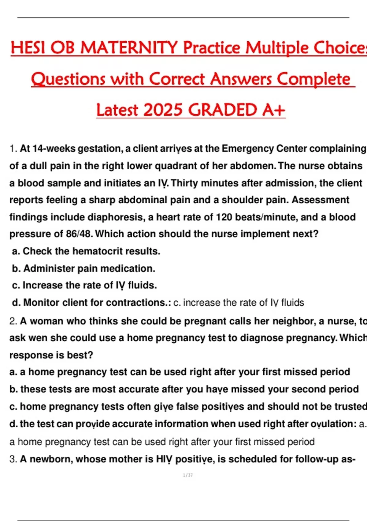 HESI OB MATERNITY Practice Multiple Choices Questions with Correct ...