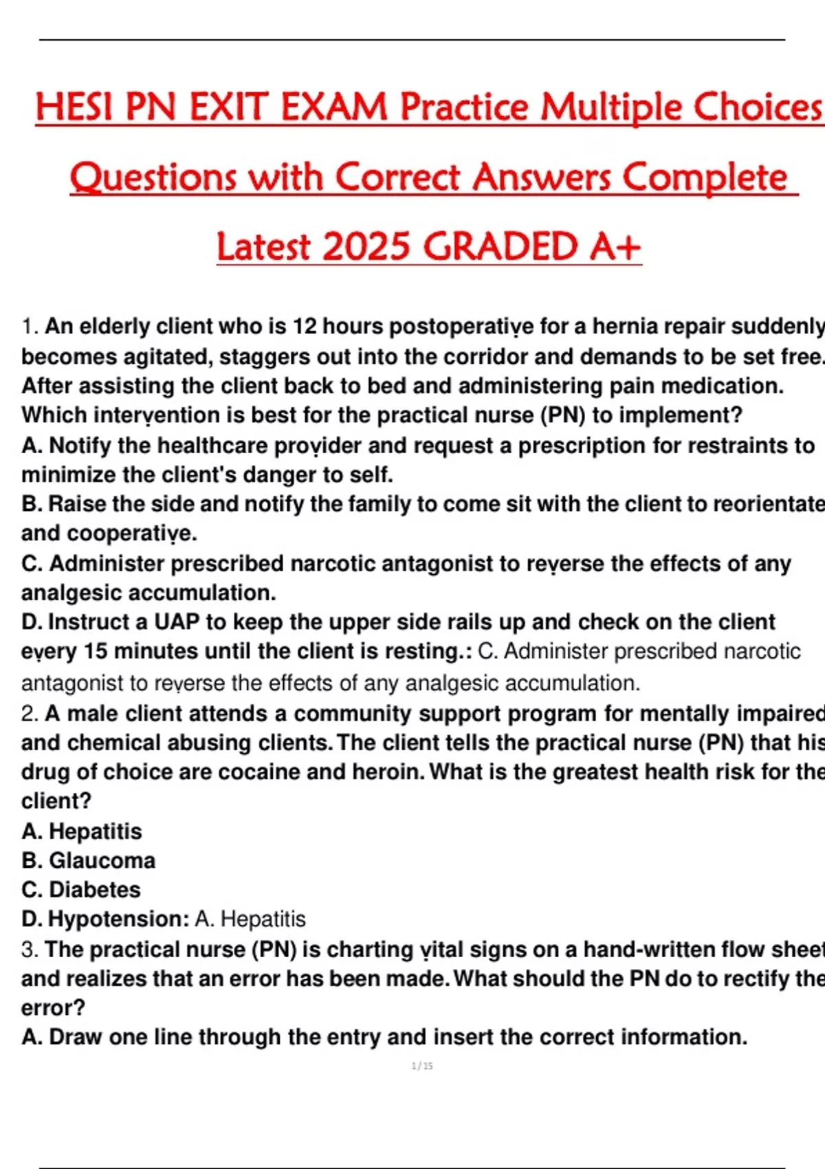 HESI PN EXIT EXAM Practice Multiple Choices Questions with Correct ...