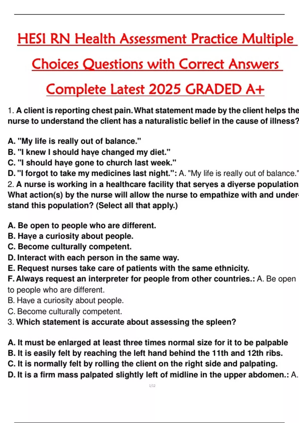 HESI RN Health Assessment Practice Multiple Choices Questions with ...