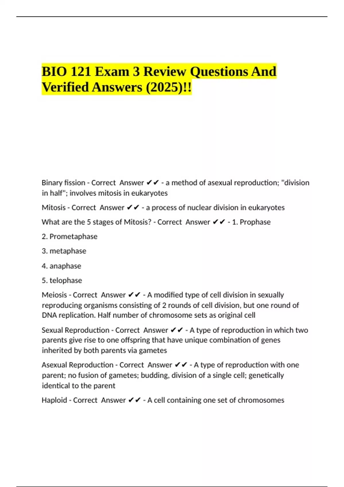 BIO 121 Exam 3 Review Questions And Verified Answers (2025)!!. - BIO ...