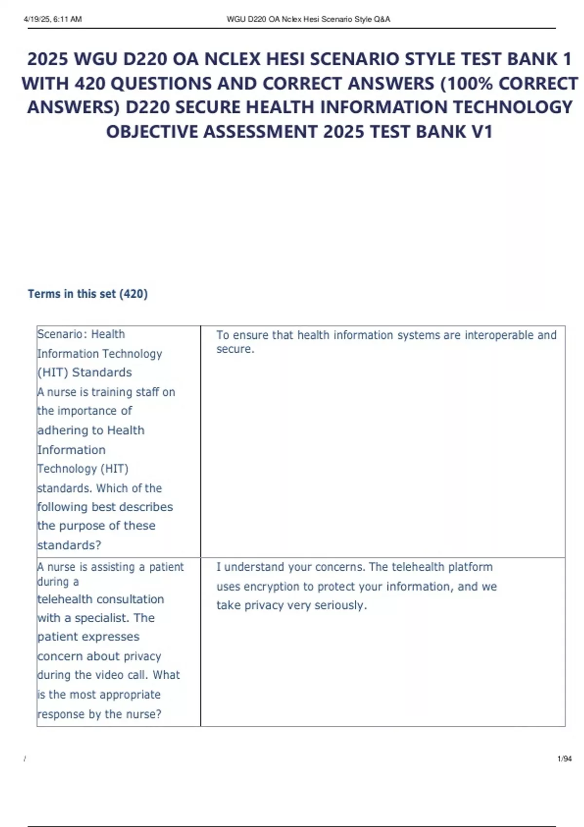WGU D220 OA NCLEX HESI SCENARIO STYLE TEST BANK 1 WITH 420 QUESTIONS ...