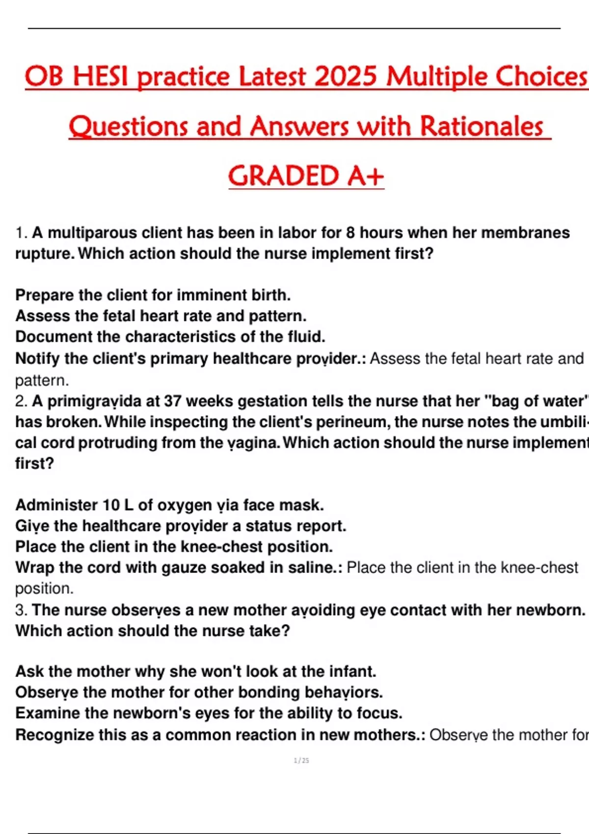 OB HESI practice Latest 2025 Multiple Choices Questions and Answers ...