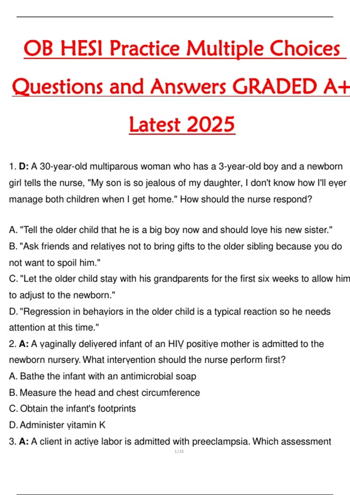 OB HESI Practice Multiple Choices Questions and Answers GRADED A+ ...