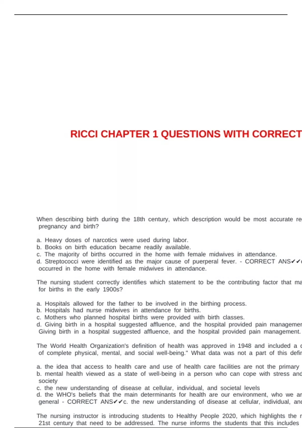 RICCI CHAPTER 1 QUESTIONS WITH CORRECT ANSWERS - Ricci - Stuvia US