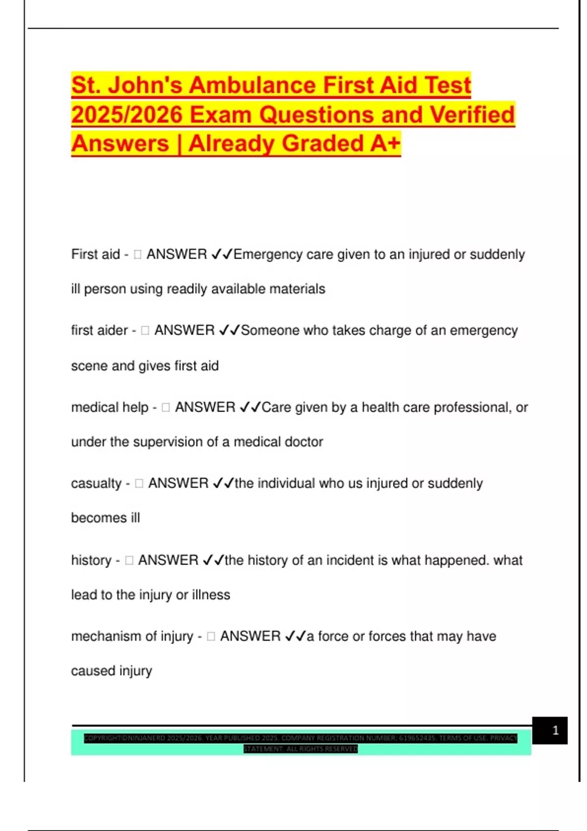 St. John's Ambulance First Aid Test 2025/2026 Exam Questions and ...