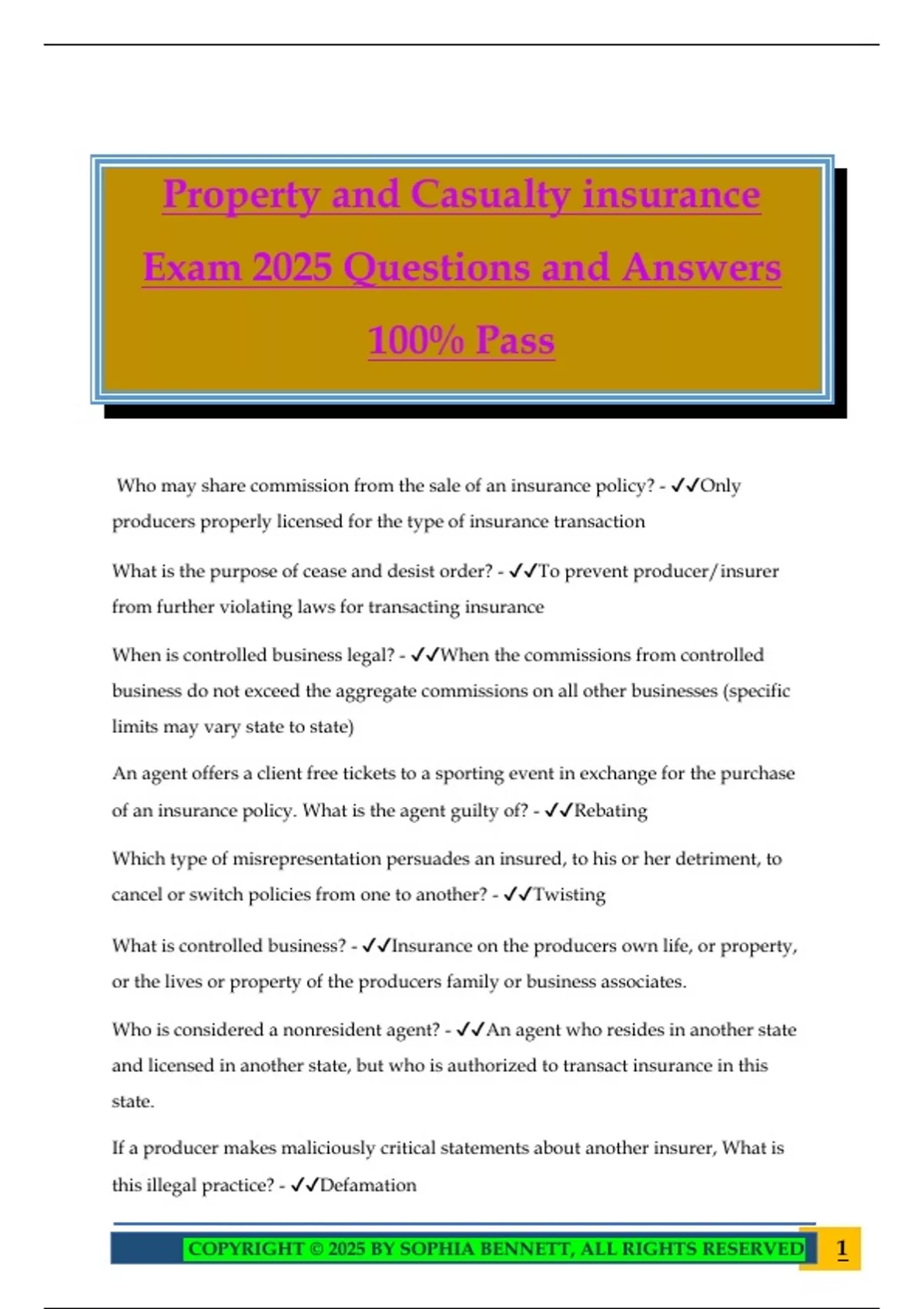 Property and Casualty insurance Exam 2025 Questions and Answers 100% Pass - Property and ...