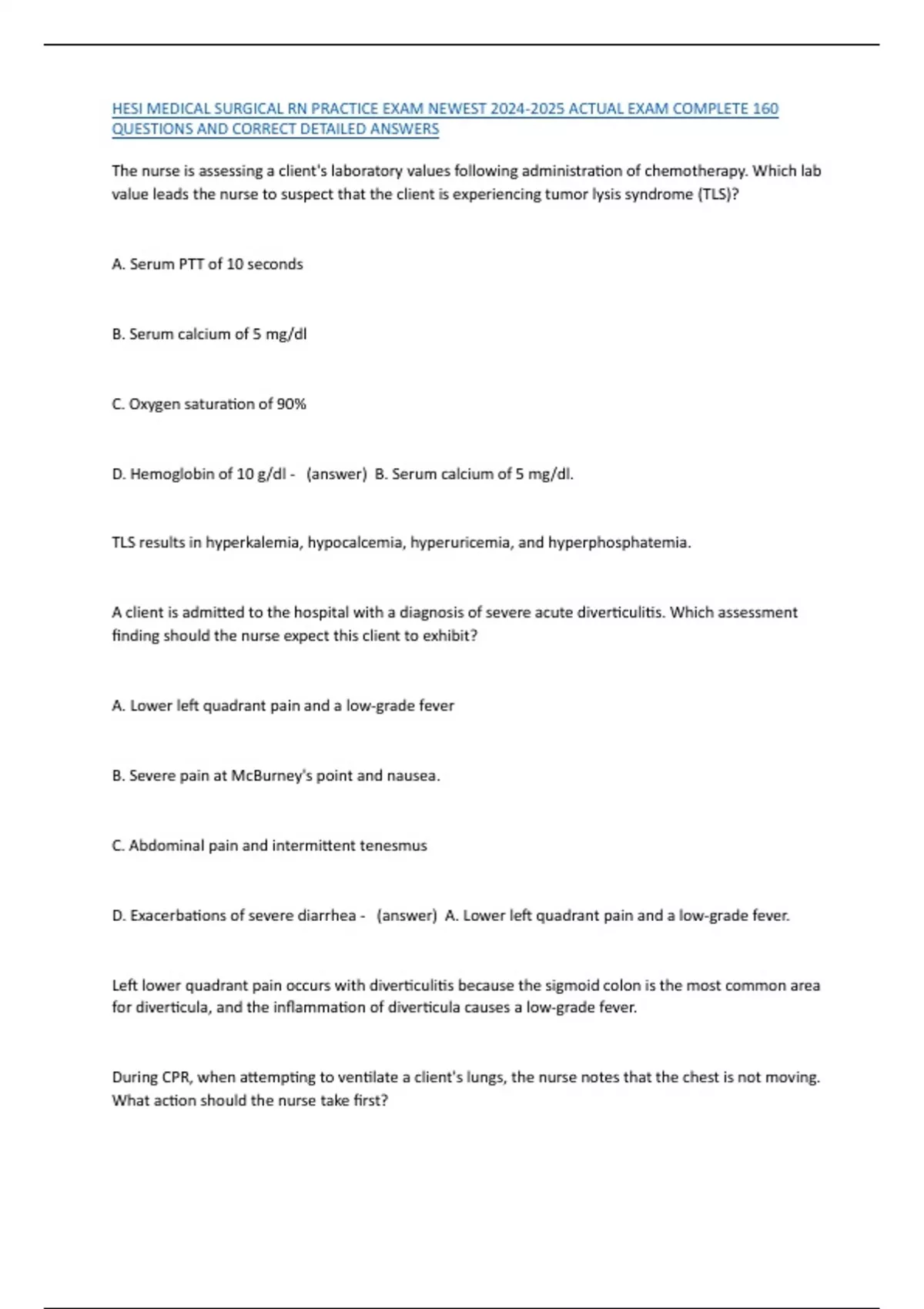 HESI MEDICAL SURGICAL RN PRACTICE EXAM NEWEST ACTUAL EXAM COMPLETE 160 ...