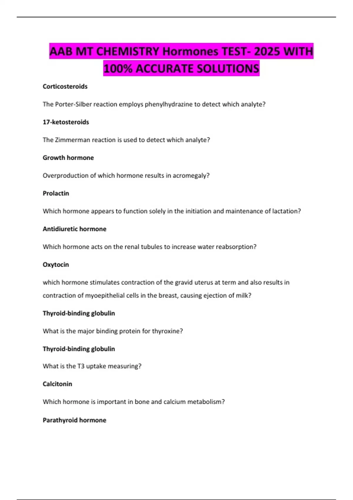 AAB MT CHEMISTRY Hormones TEST- 2025 WITH 100% ACCURATE SOLUTION - AAB ...
