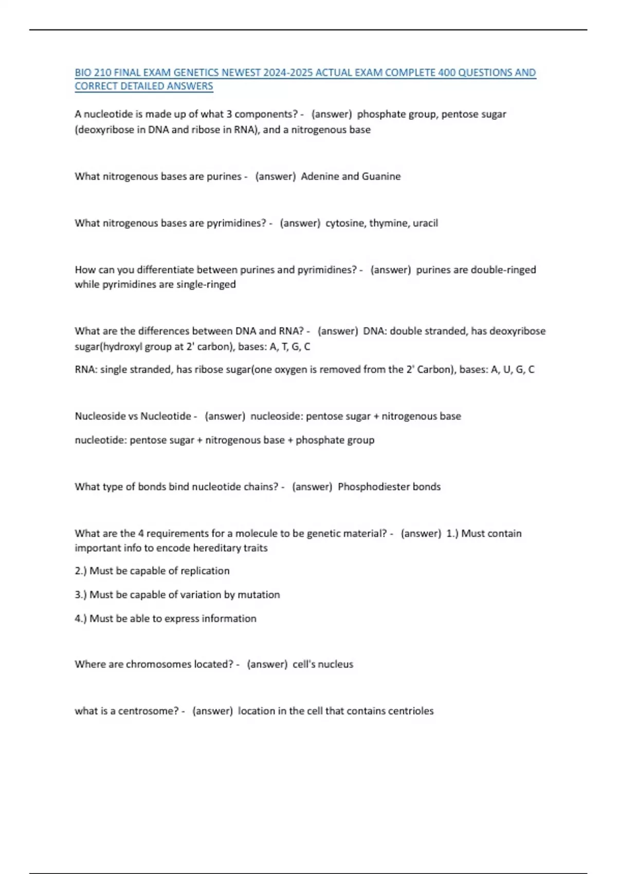 BIO 210 FINAL EXAM GENETICS NEWEST ACTUAL EXAM COMPLETE 400 QUESTIONS ...