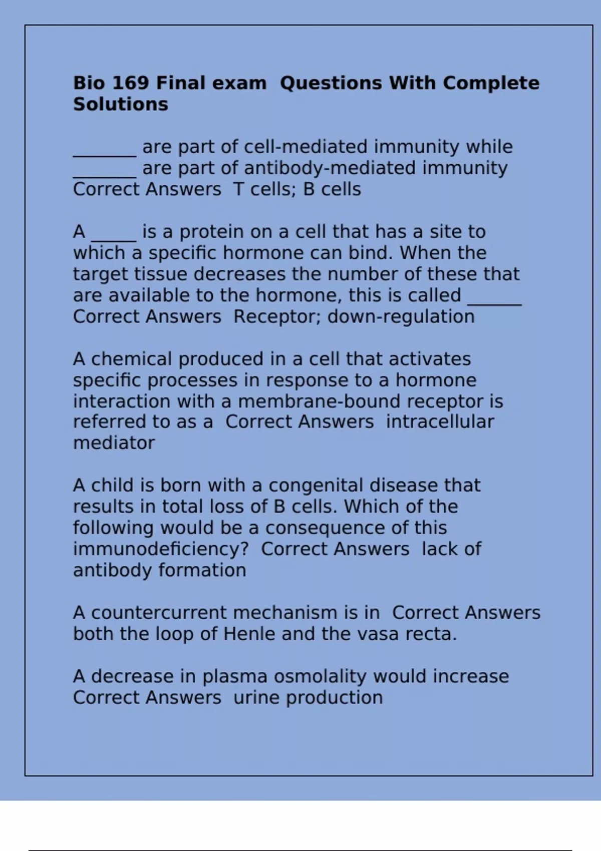 Bio 169 Final exam Questions With Complete Solutions - Bio 169 - Stuvia US