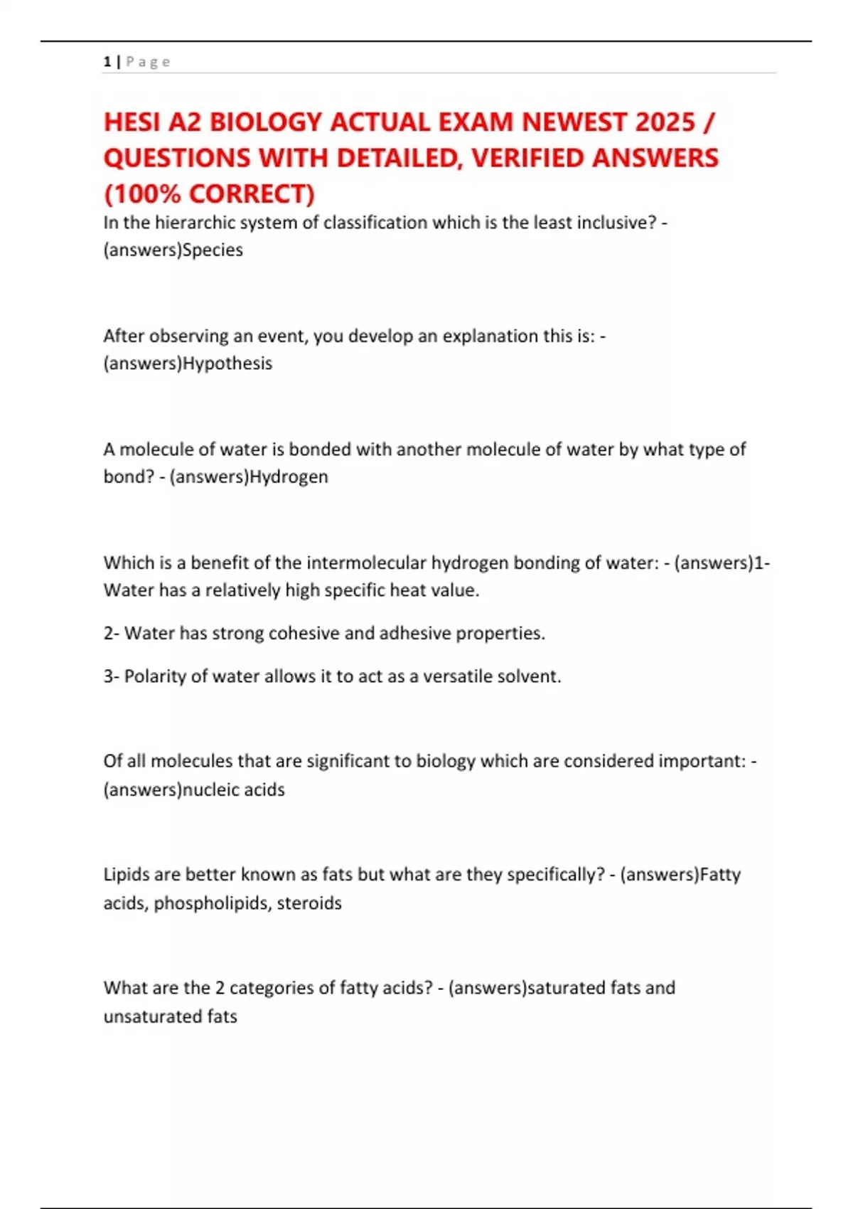 HESI A2 BIOLOGY ACTUAL EXAM NEWEST 2025 / QUESTIONS WITH DETAILED ...