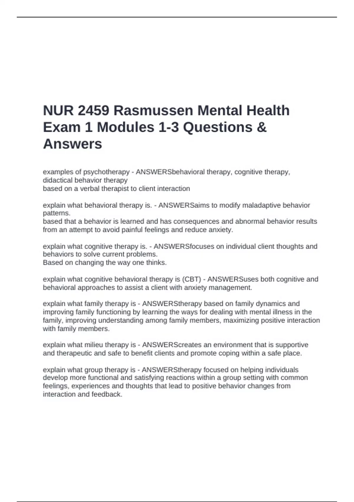 NUR 2459 Rasmussen Mental Health Exam 1 Modules 1-3 Questions & Answers ...