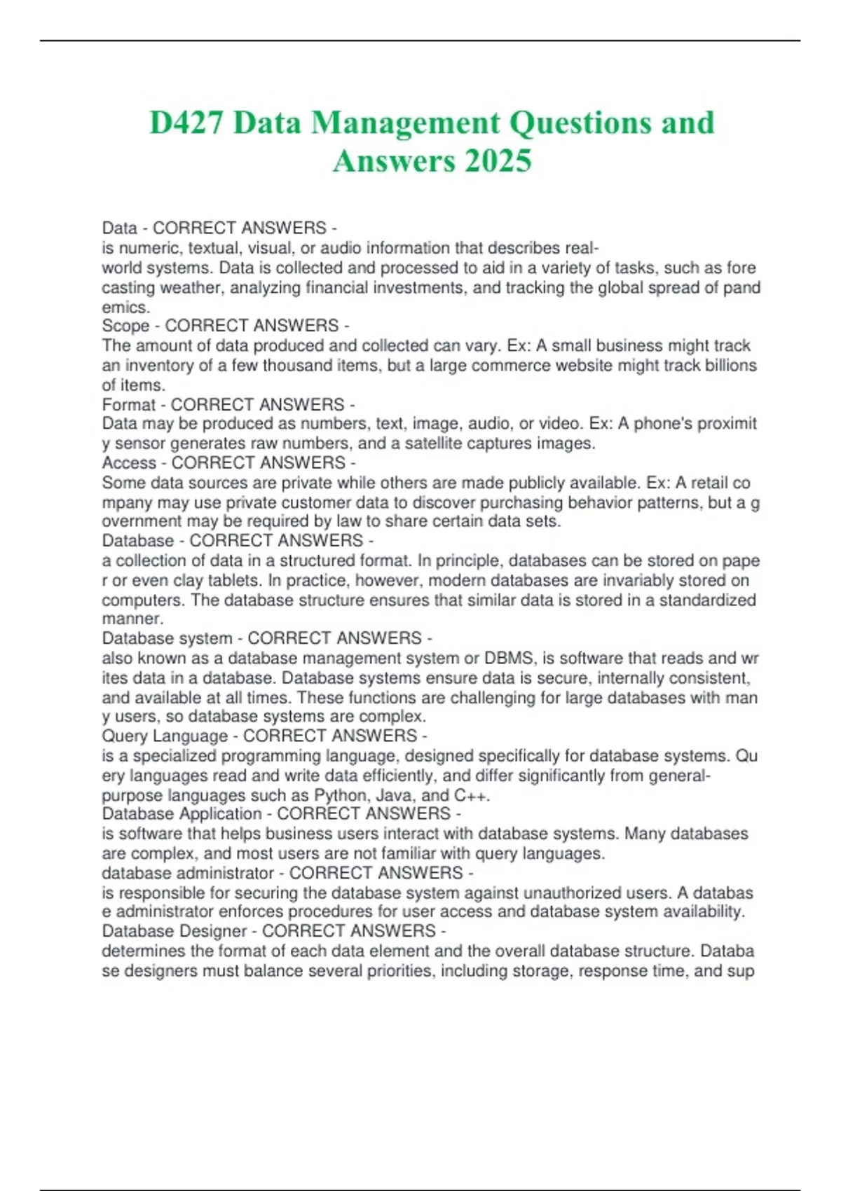 D427 Data Management Questions and Answers 2025 - WGU - D427 - Stuvia US