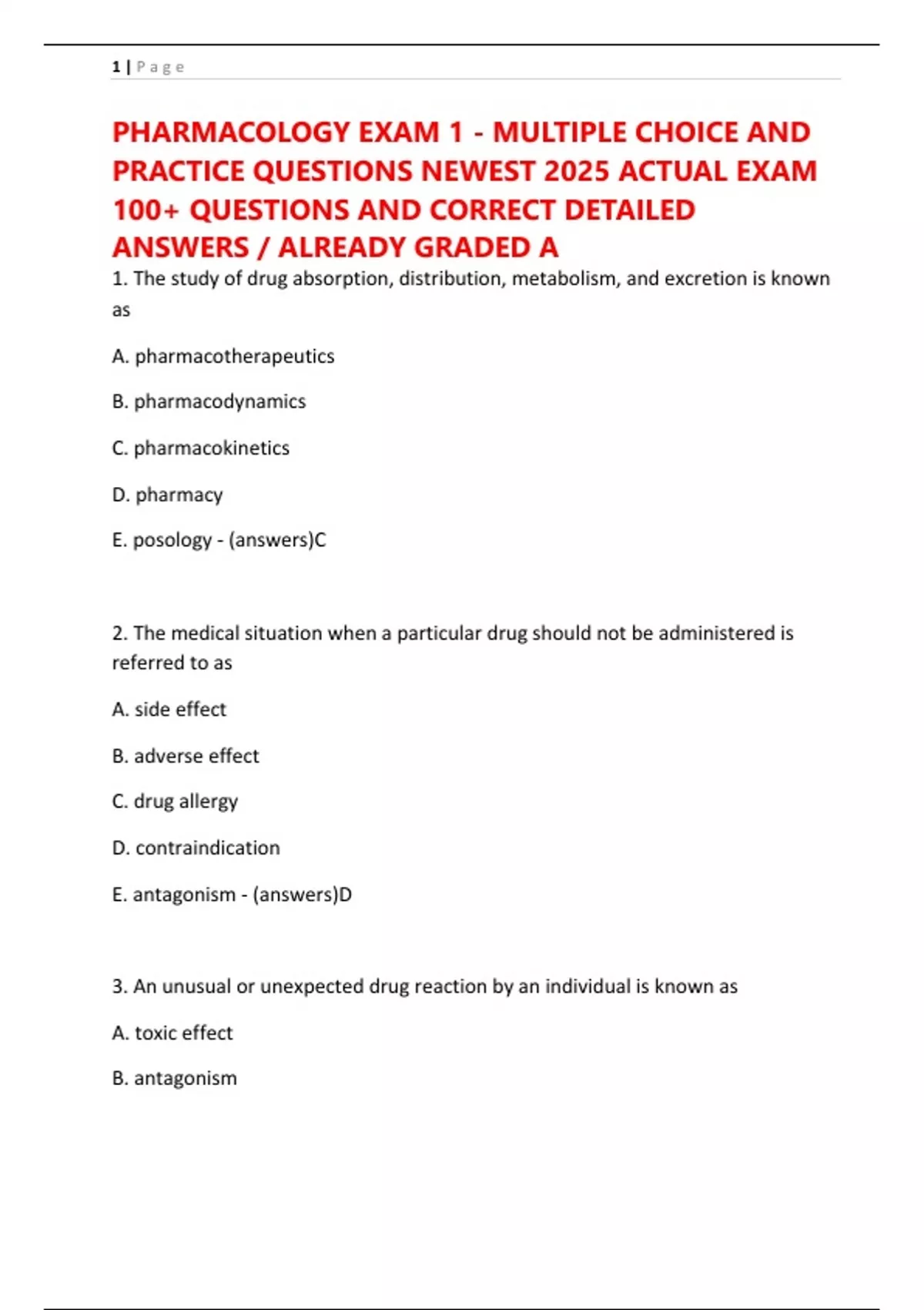PHARMACOLOGY EXAM 1 - MULTIPLE CHOICE AND PRACTICE QUESTIONS NEWEST ...