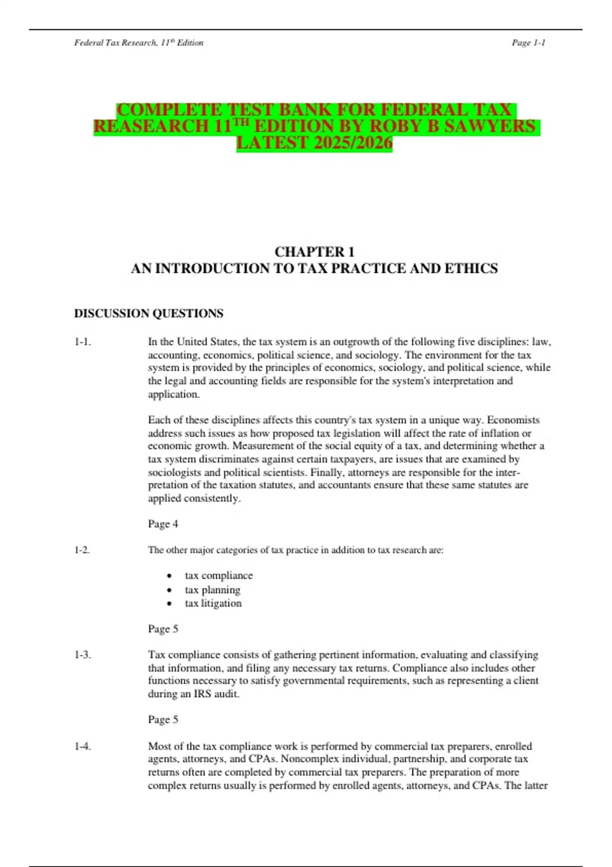 COMPLETE TEST BANK FOR FEDERAL TAX REASEARCH 11TH EDITION BY ROBY B ...