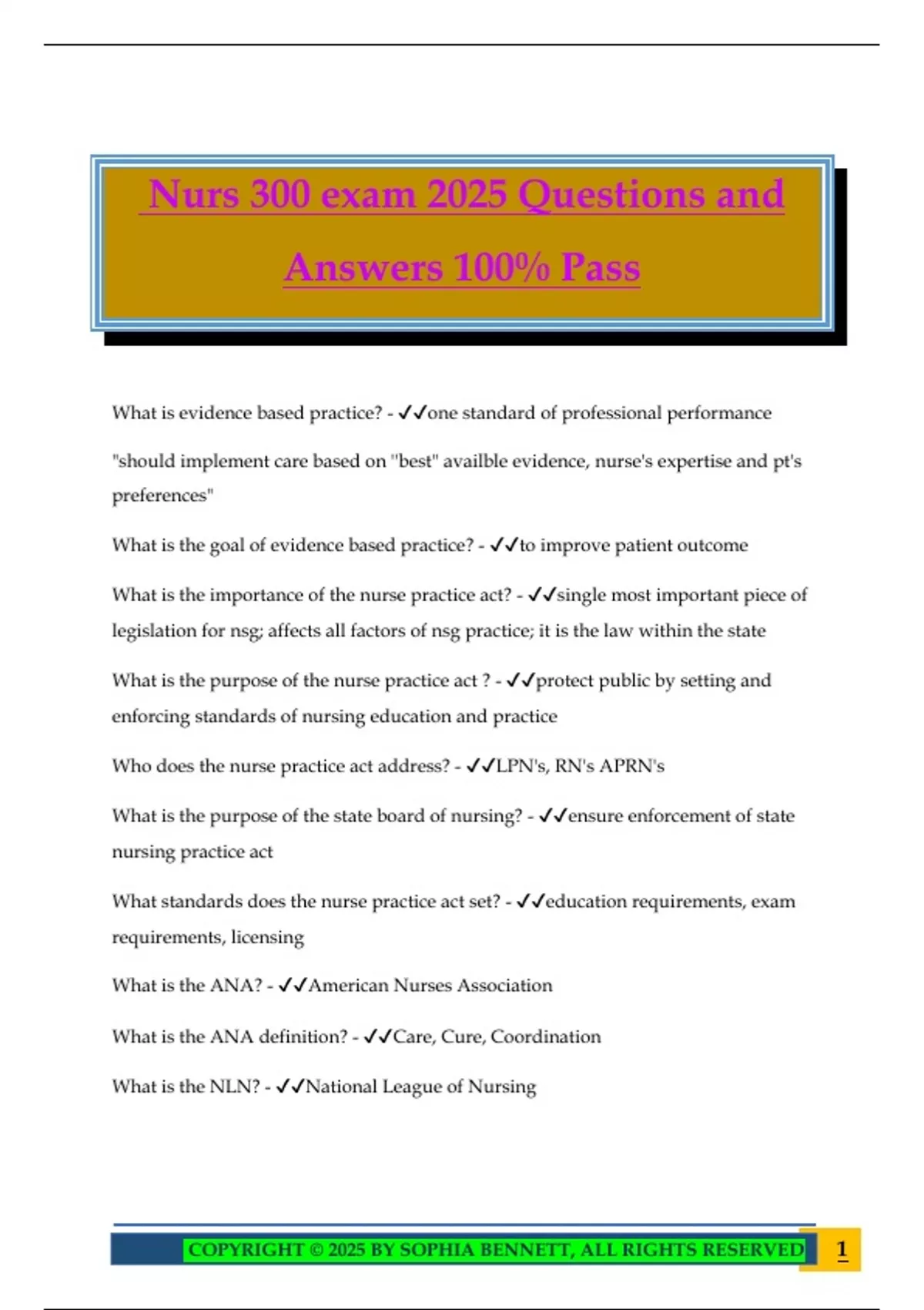 Nurs 300 exam 2025 Questions and Answers 100% Pass - NUR 300 - Stuvia US