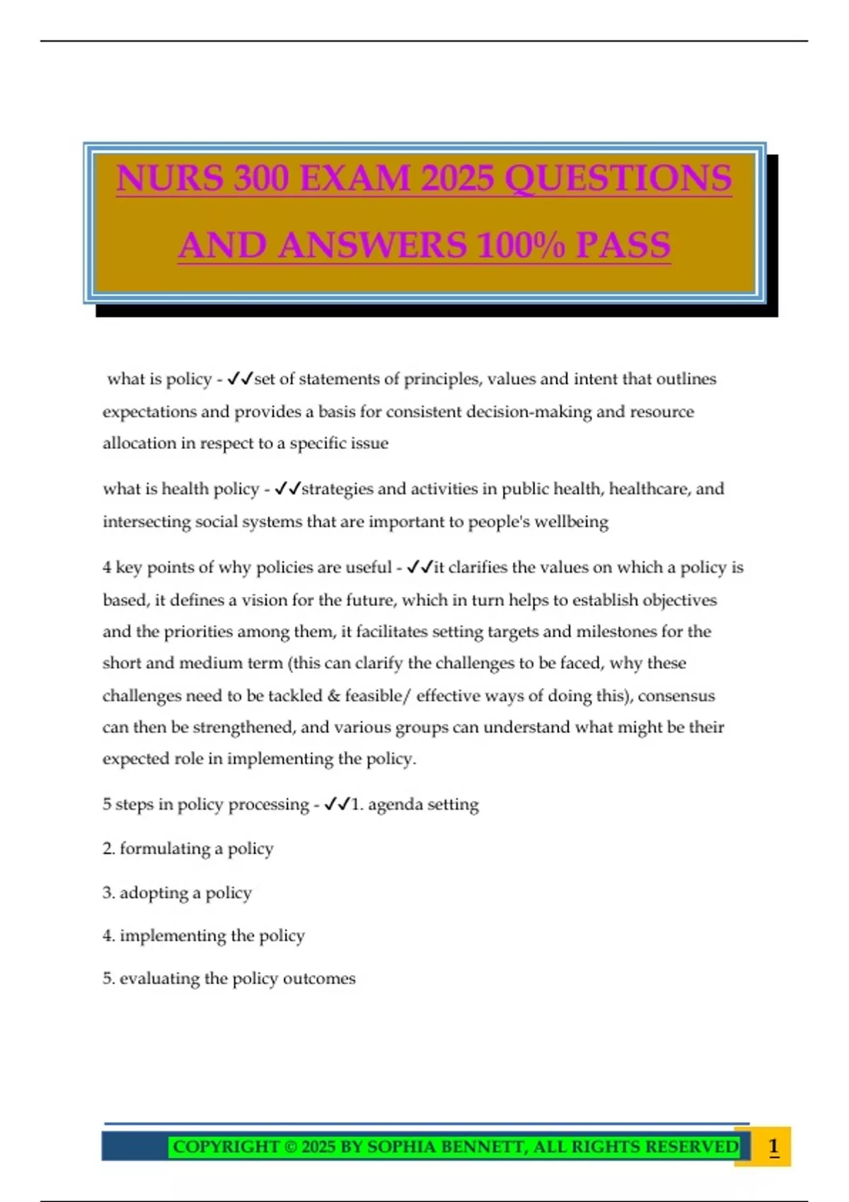 NURS 300 EXAM 2025 QUESTIONS AND ANSWERS 100% PASS - NUR 300 - Stuvia US