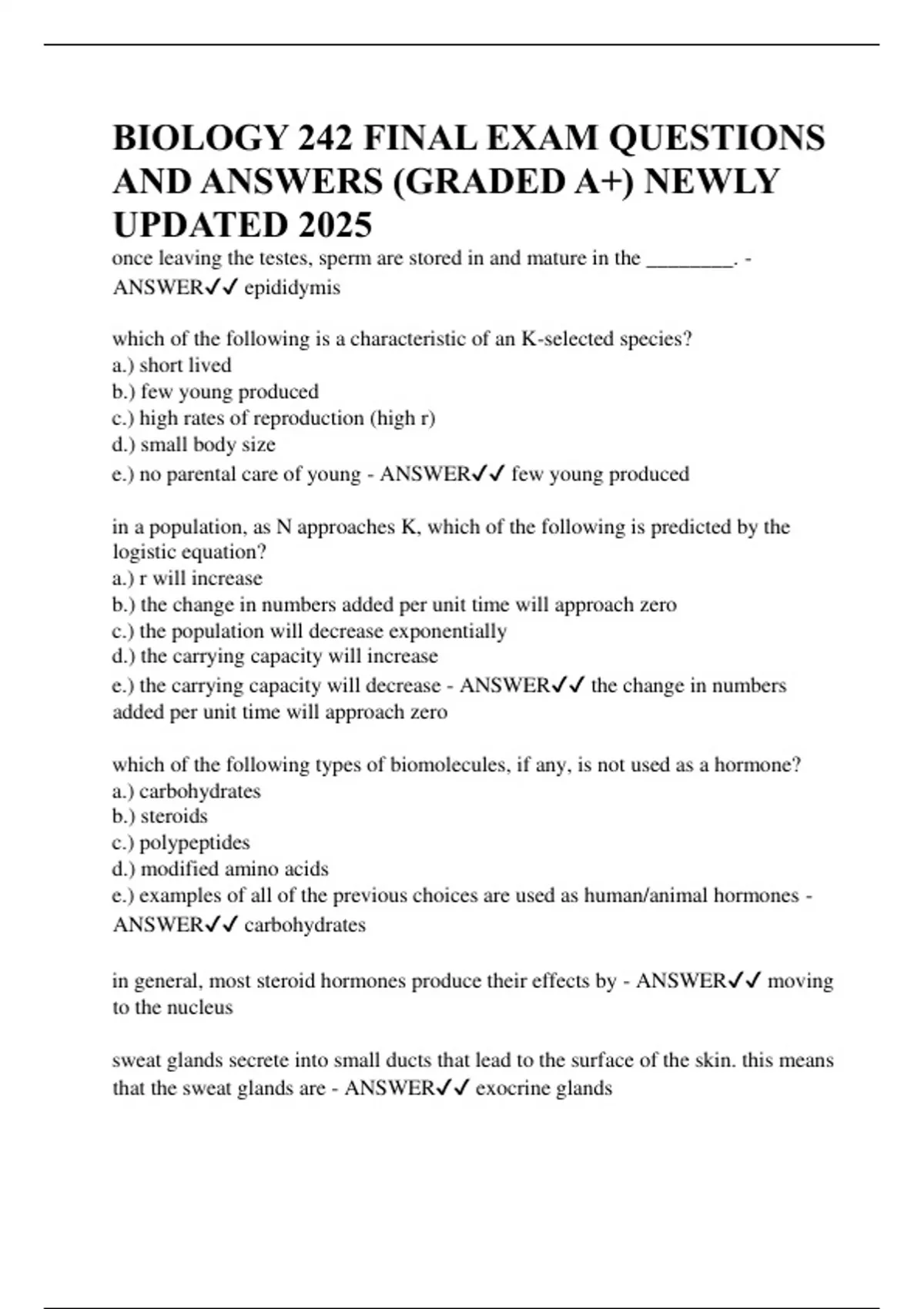 BIOLOGY 242 FINAL EXAM QUESTIONS AND ANSWERS (GRADED A+) NEWLY UPDATED ...