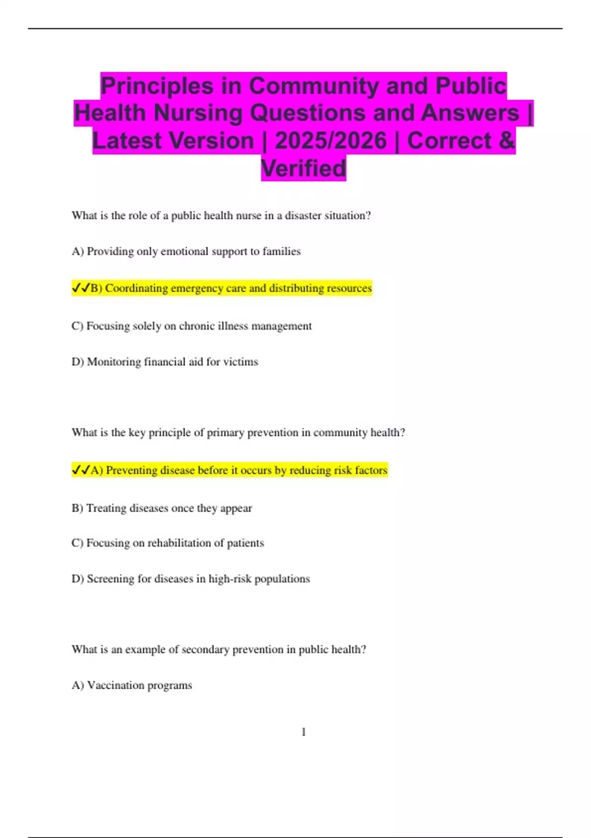 Principles in Community and Public Health Nursing Questions and Answers ...