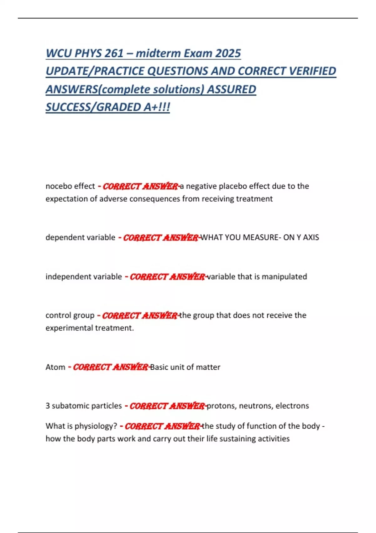 WCU PHYS 261 – midterm Exam 2025 UPDATE/PRACTICE QUESTIONS AND CORRECT ...