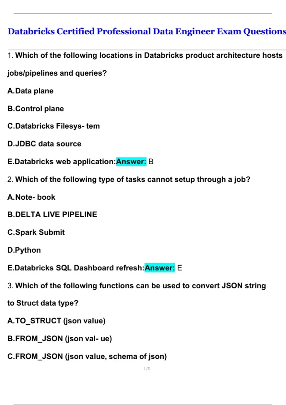 databricks data engineer exam guide | pdf | computer... Databricks Certified Professional Data Engineer Exam Questions with ...