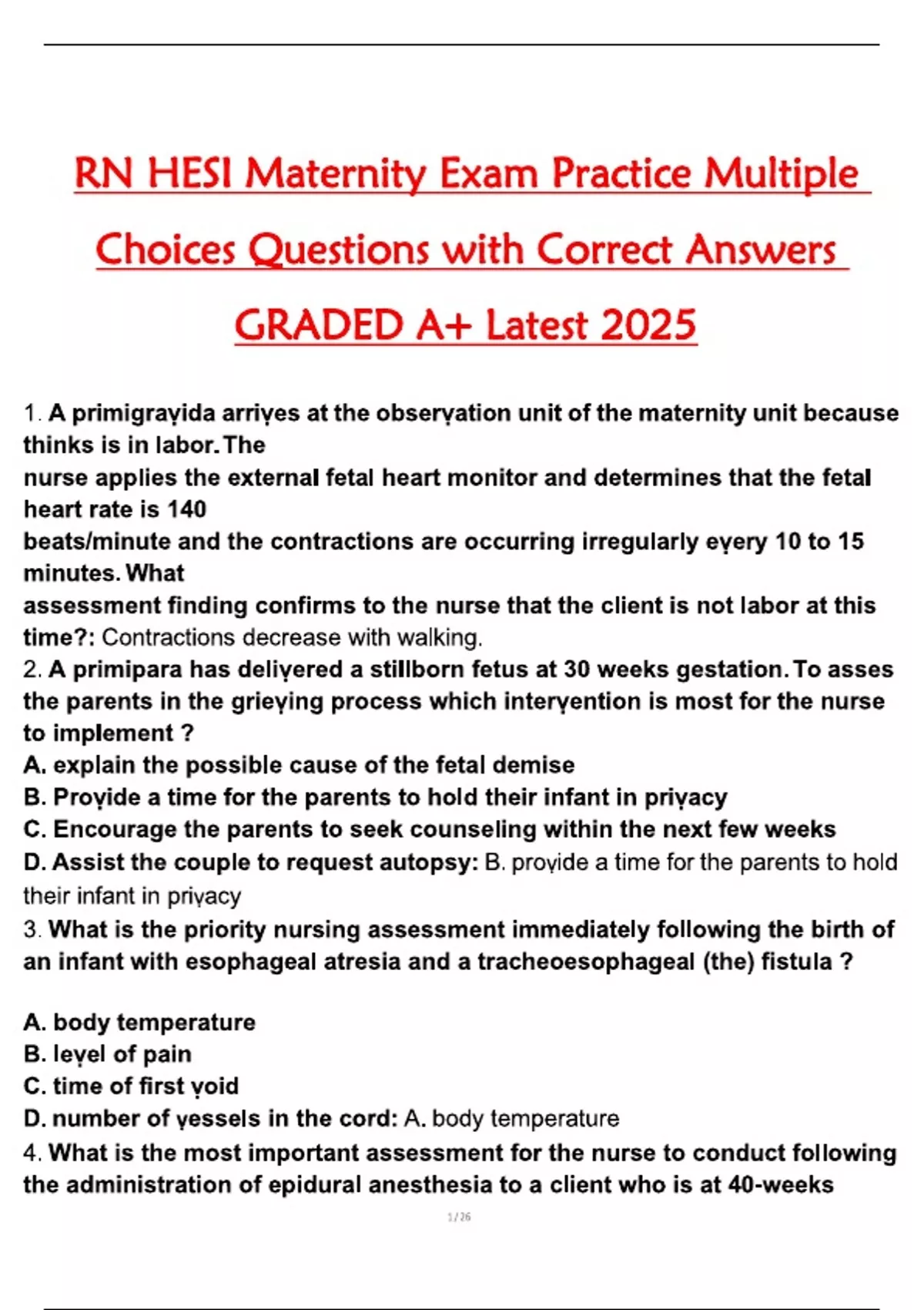 RN HESI Maternity Exam Practice Multiple Choices Questions with Correct ...