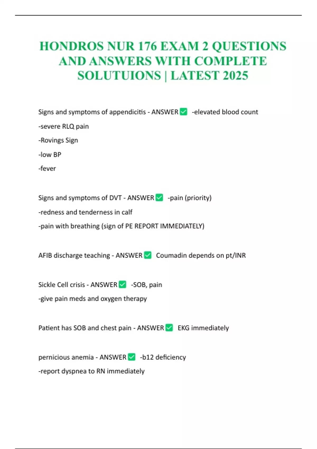 HONDROS NUR 176 EXAM 2 QUESTIONS AND ANSWERS WITH COMPLETE SOLUTUIONS ...