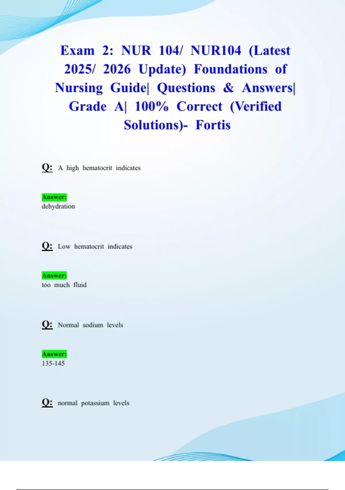 Exam 2: NUR 104/ NUR104 (Latest 2025/ 2026 Update) Foundations of ...