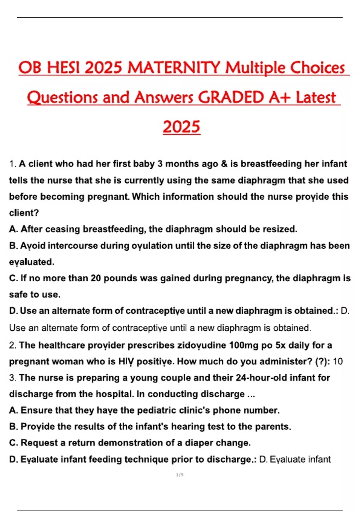 OB HESI 2025 MATERNITY Multiple Choices Questions and Answers GRADED A+ ...