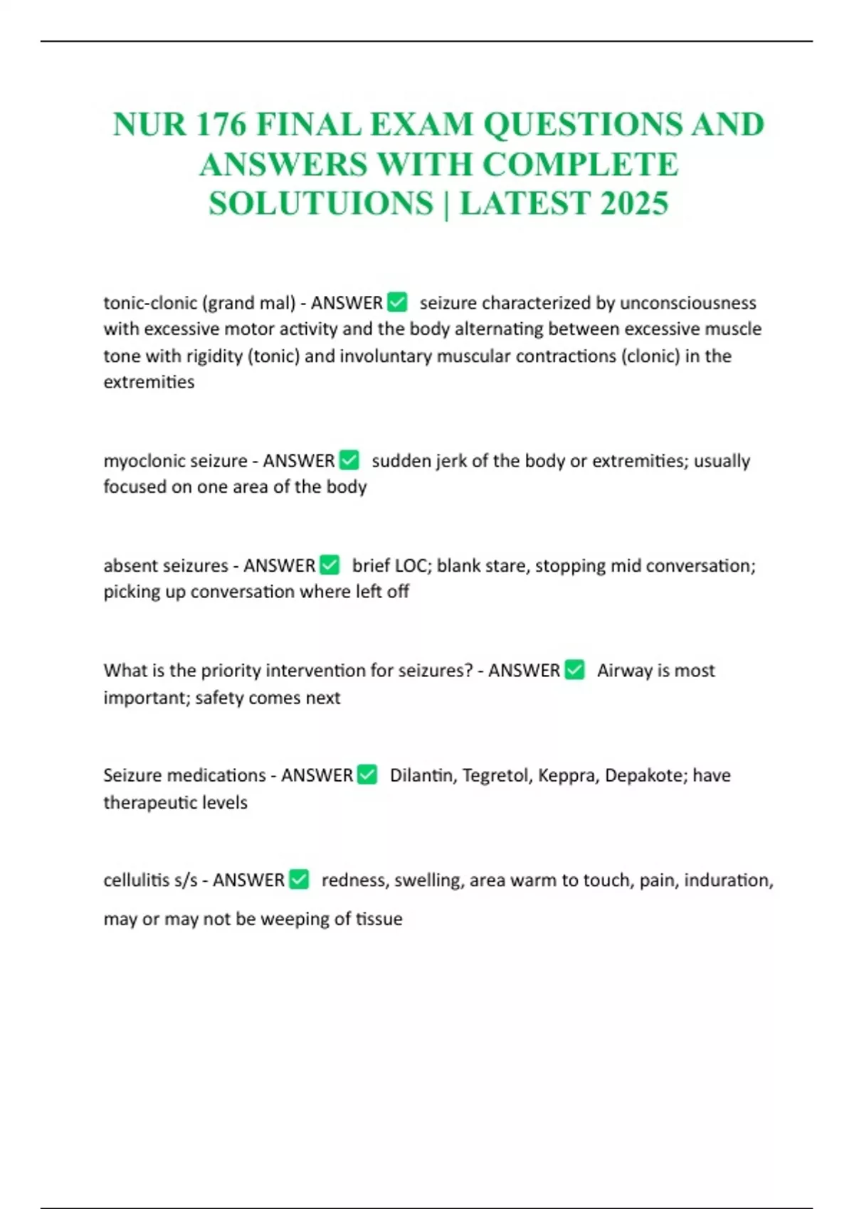 NUR 176 FINAL EXAM QUESTIONS AND ANSWERS WITH COMPLETE SOLUTUIONS ...