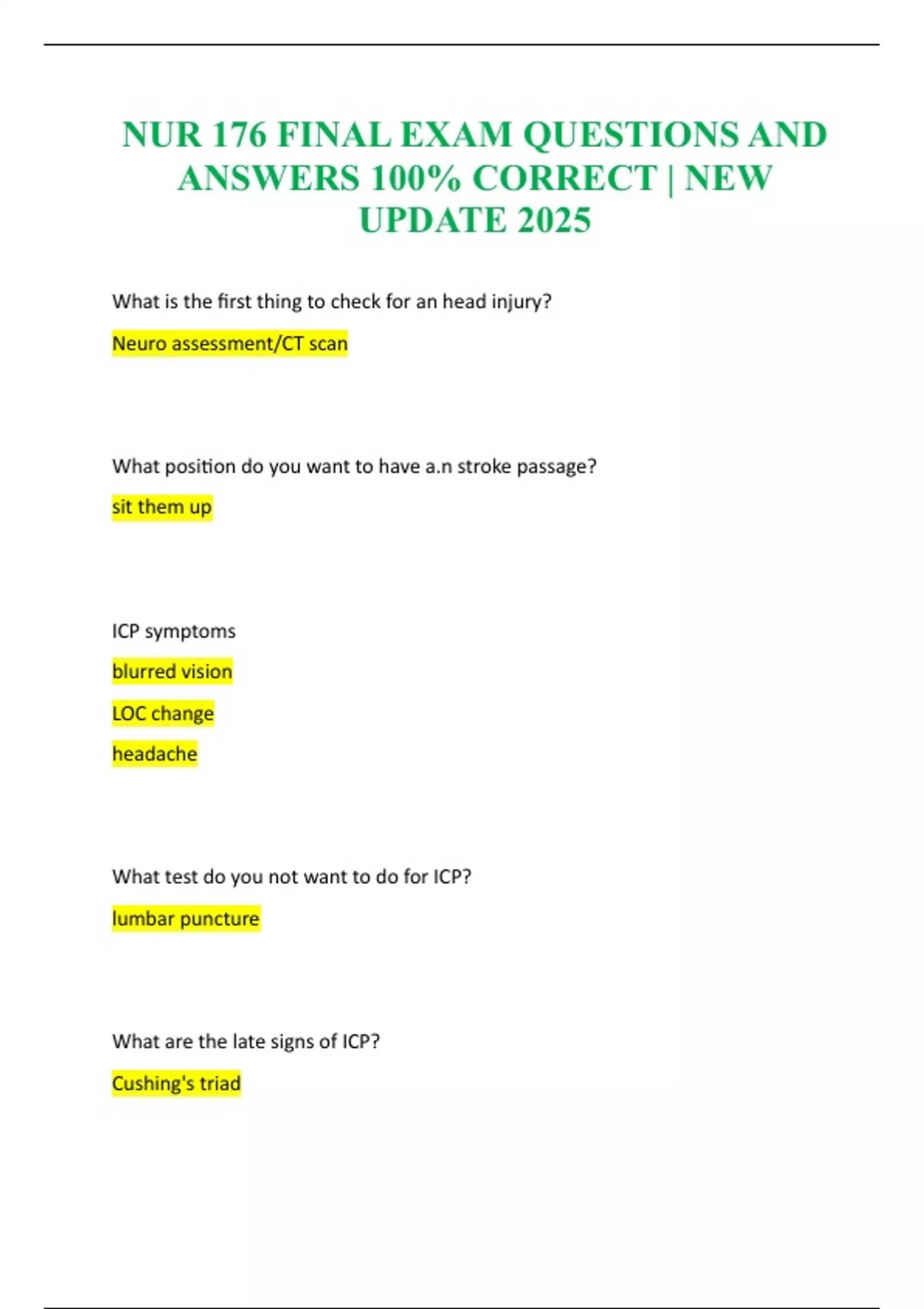 NUR 176 FINAL EXAM | 88 QUESTIONS AND ANSWERS 100% CORRECT | NEW UPDATE ...
