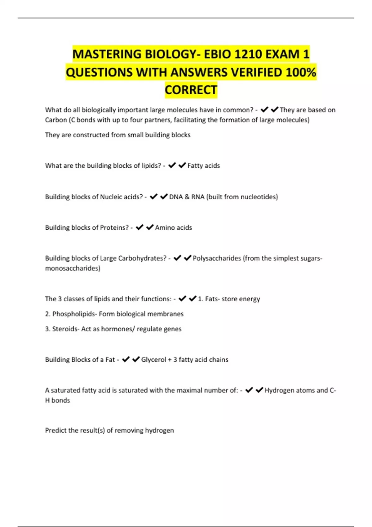 MASTERING BIOLOGY- EBIO 1210 EXAM 1 QUESTIONS WITH ANSWERS VERIFIED 100 ...