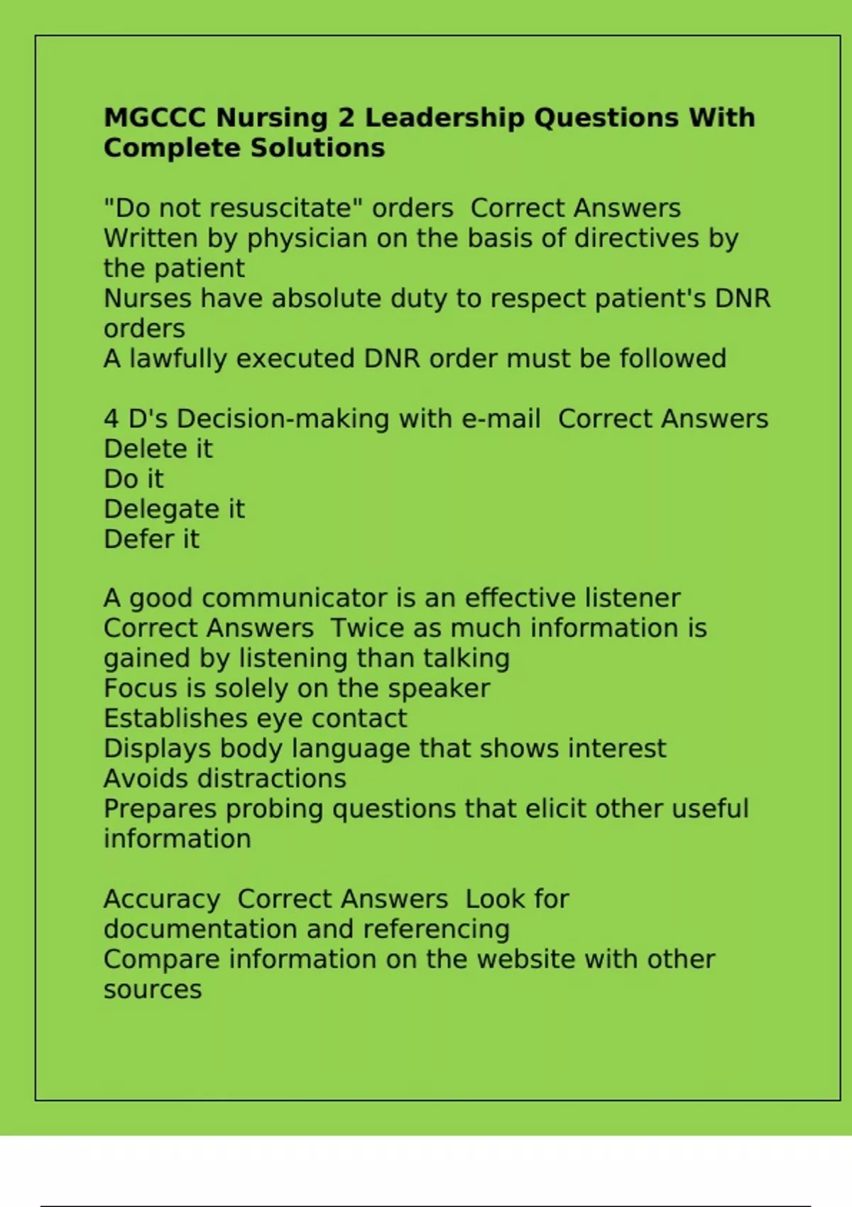 MGCCC Nursing 2 Leadership Questions With Complete Solutions Nursing