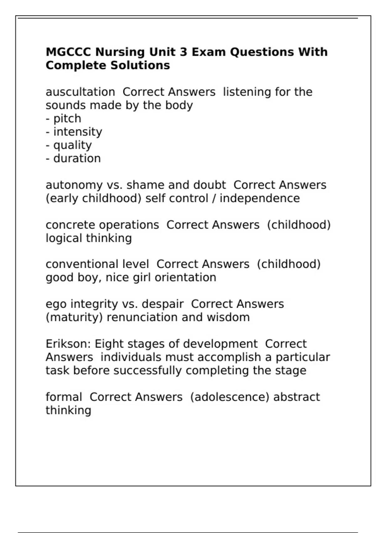 MGCCC Nursing Unit 3 Exam Questions With Complete Solutions Nursing