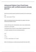 Advanced Patient Care Final Exam questions with verified answers already passed