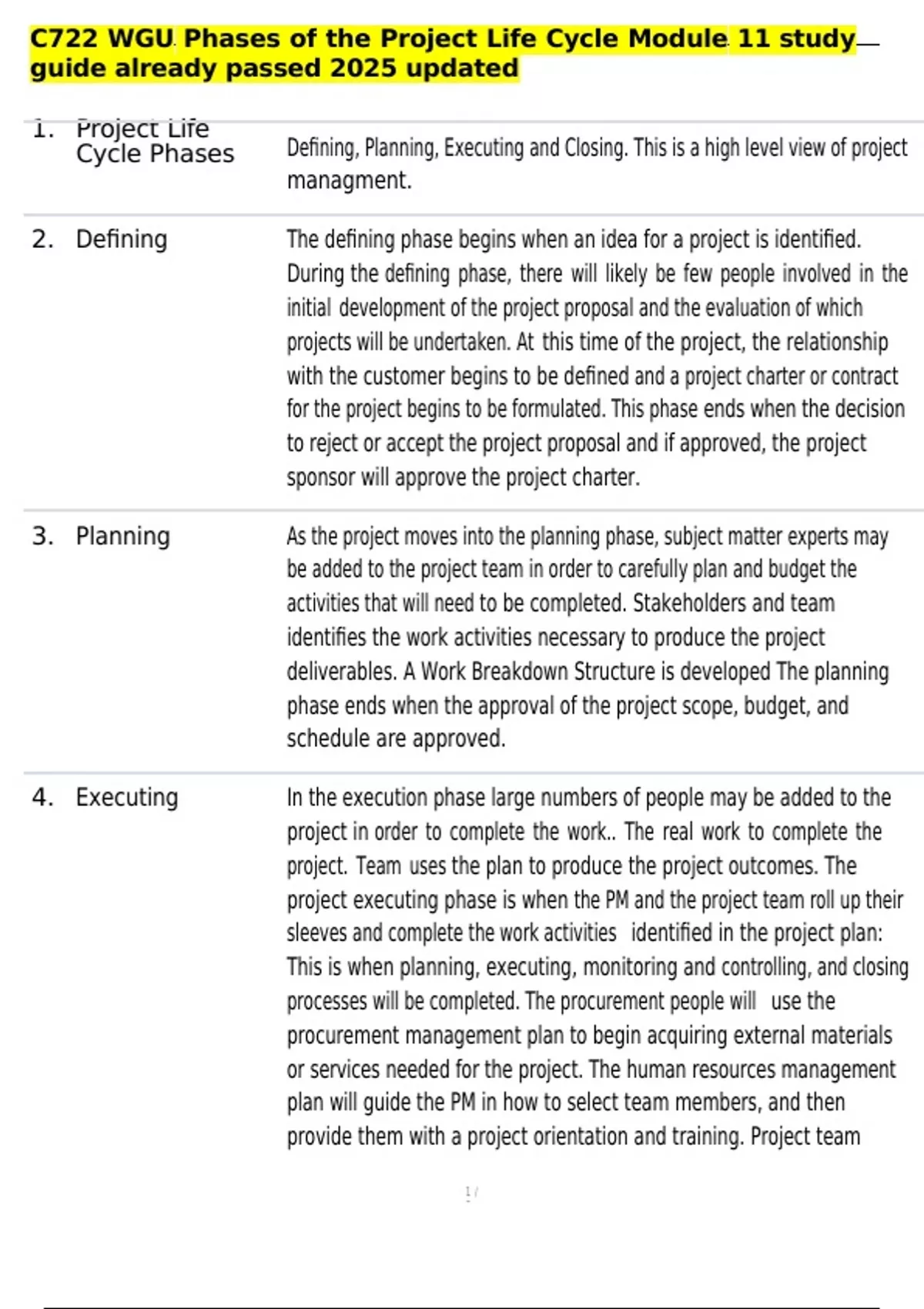 C722 WGU Phases of the Project Life Cycle Module 11 study guide already ...