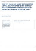 MASTERY EXAM&comma; CAR SALES TEST COLORADO  ACTUAL EXAM QUESTIONS AND CORRECT  DETAILED ANSWERS VERSION ALREADY A&plus;  GRADED WITH EXPERT FEEDBACK &vert;NEW&excl;&excl;  
