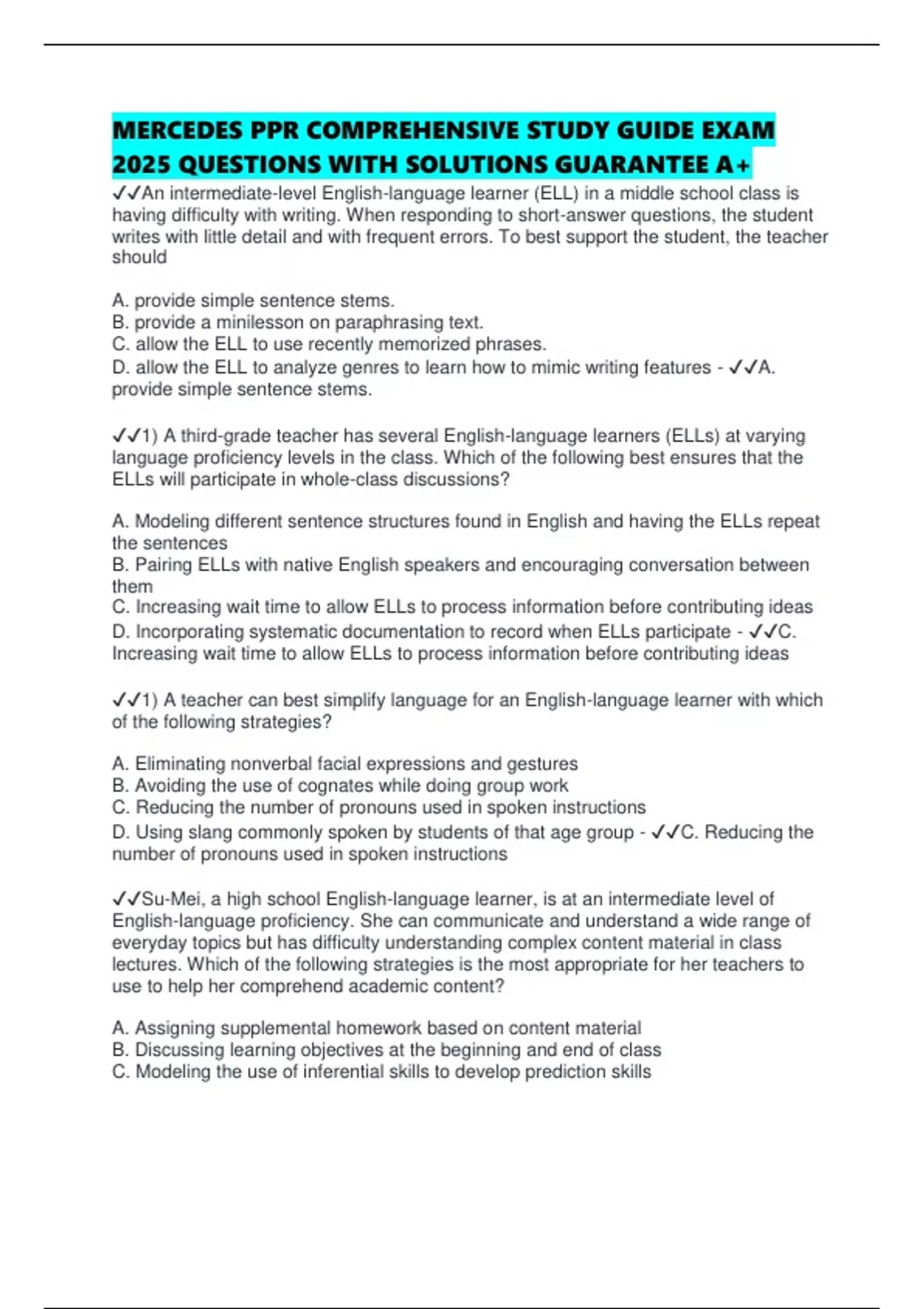 Ppr Study Guide Pdf MERCEDES PPR COMPREHENSIVE STUDY GUIDE EXAM 2025 QUESTIONS WITH ...