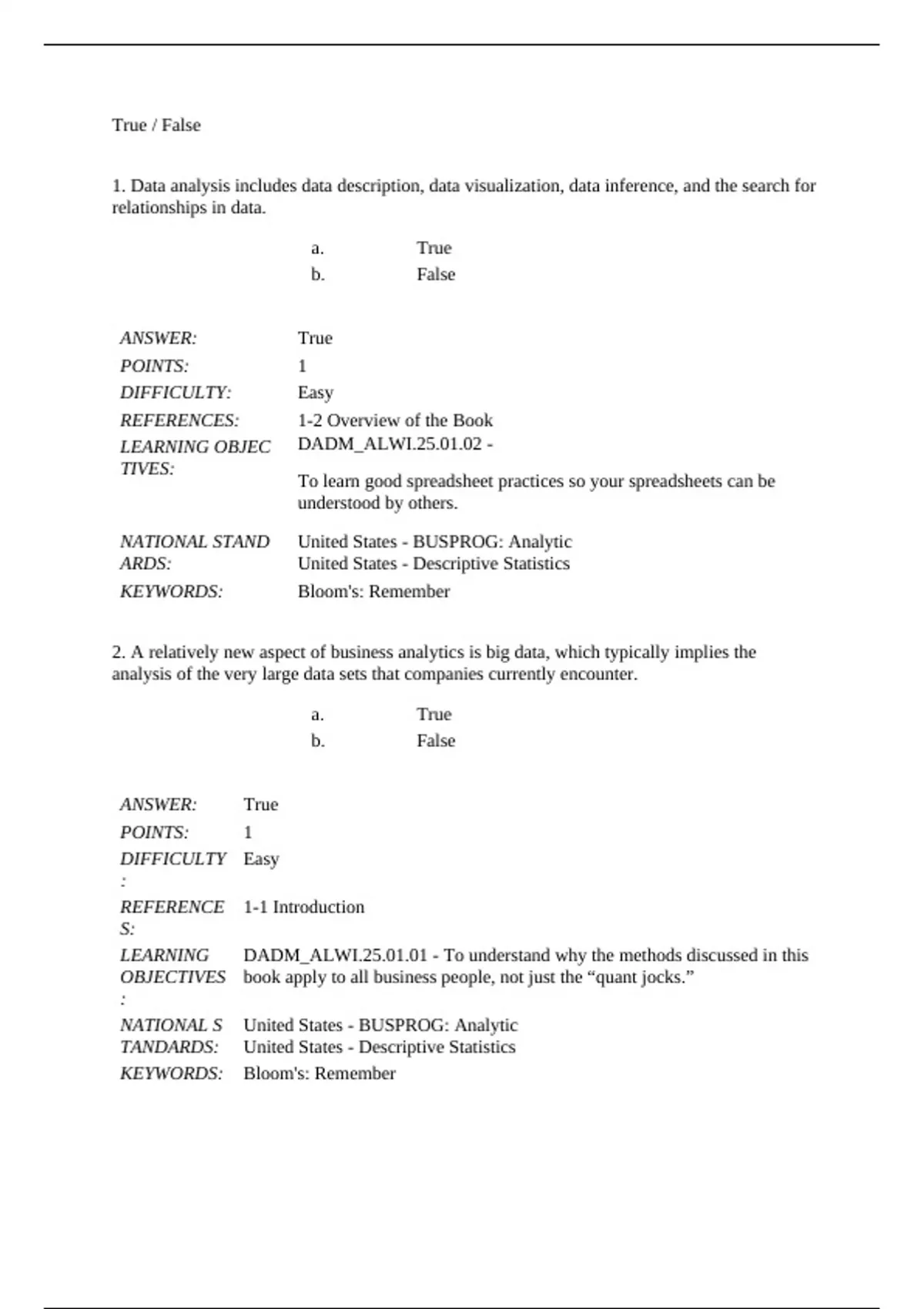 Test Bank, quizzes: Business Analytics Data Analysis & Decision Making ...