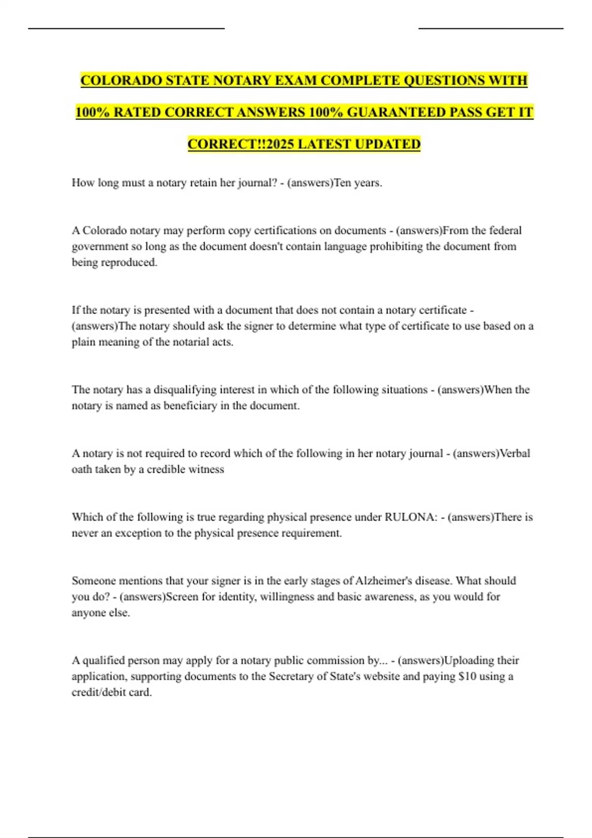 Colorado Notary Example COLORADO STATE NOTARY EXAM COMPLETE QUESTIONS WITH 100% RATED CORRECT ...